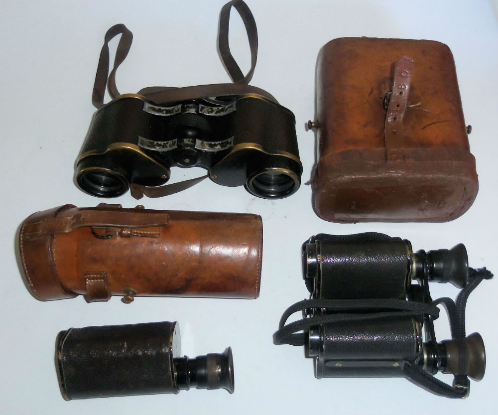 Two pairs binoculars, one monocular Ross, London Fleaglass