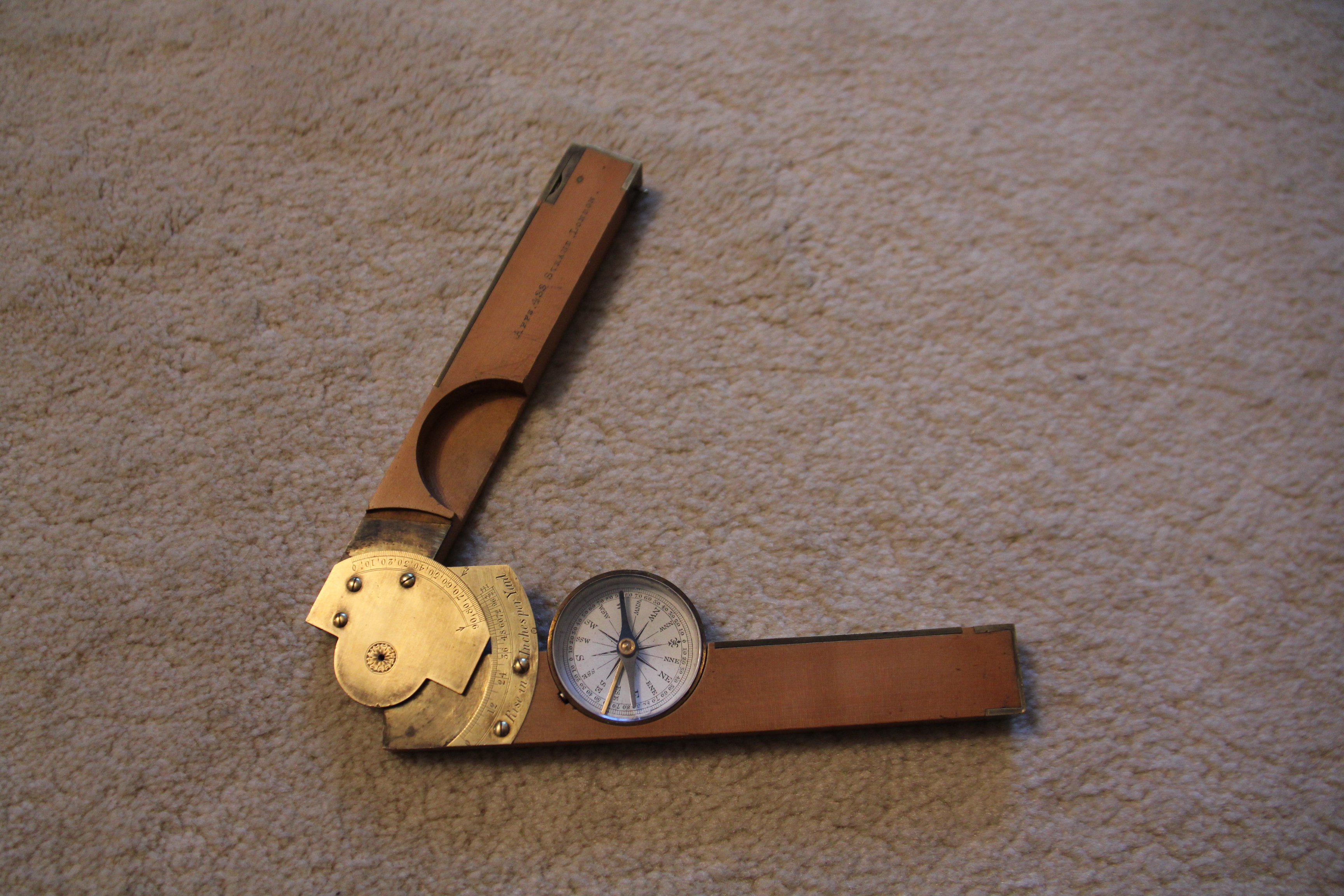 Folding boxwood inclinometer and compass by Apps c. 1870 Fleaglass