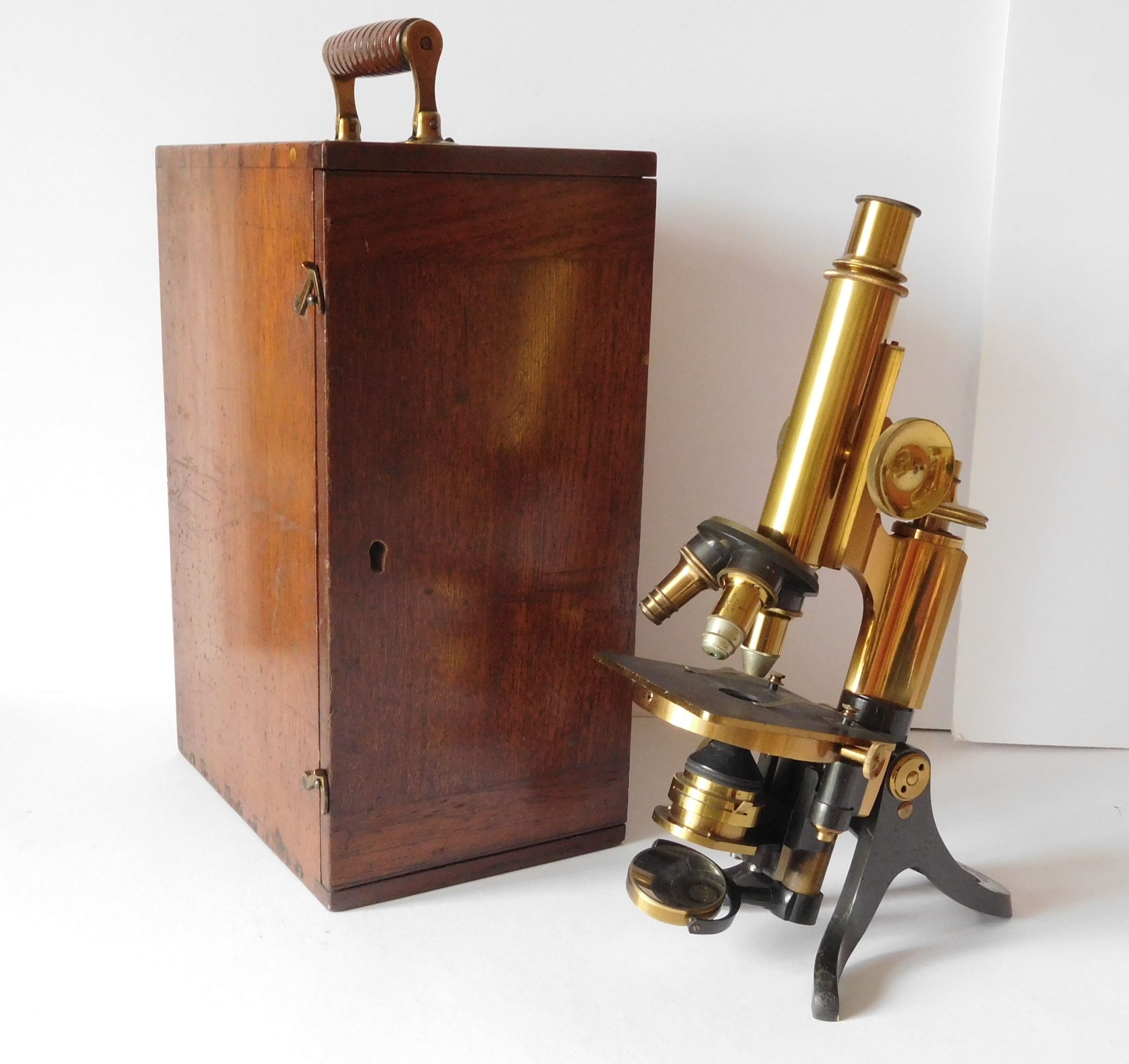 An Antique English Mahogany Cased Monoculer Microscope by Henry Crouch