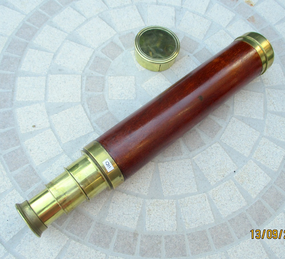 For sale, a three draw bass and mahogany telescope by Willson