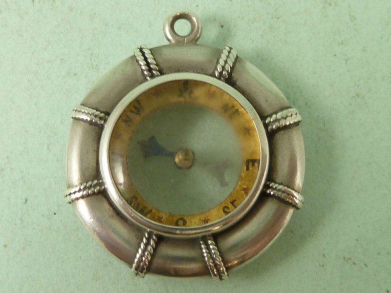 Victorian Silver Enamel Novelty Silver Life Belt Compass Fob Charm