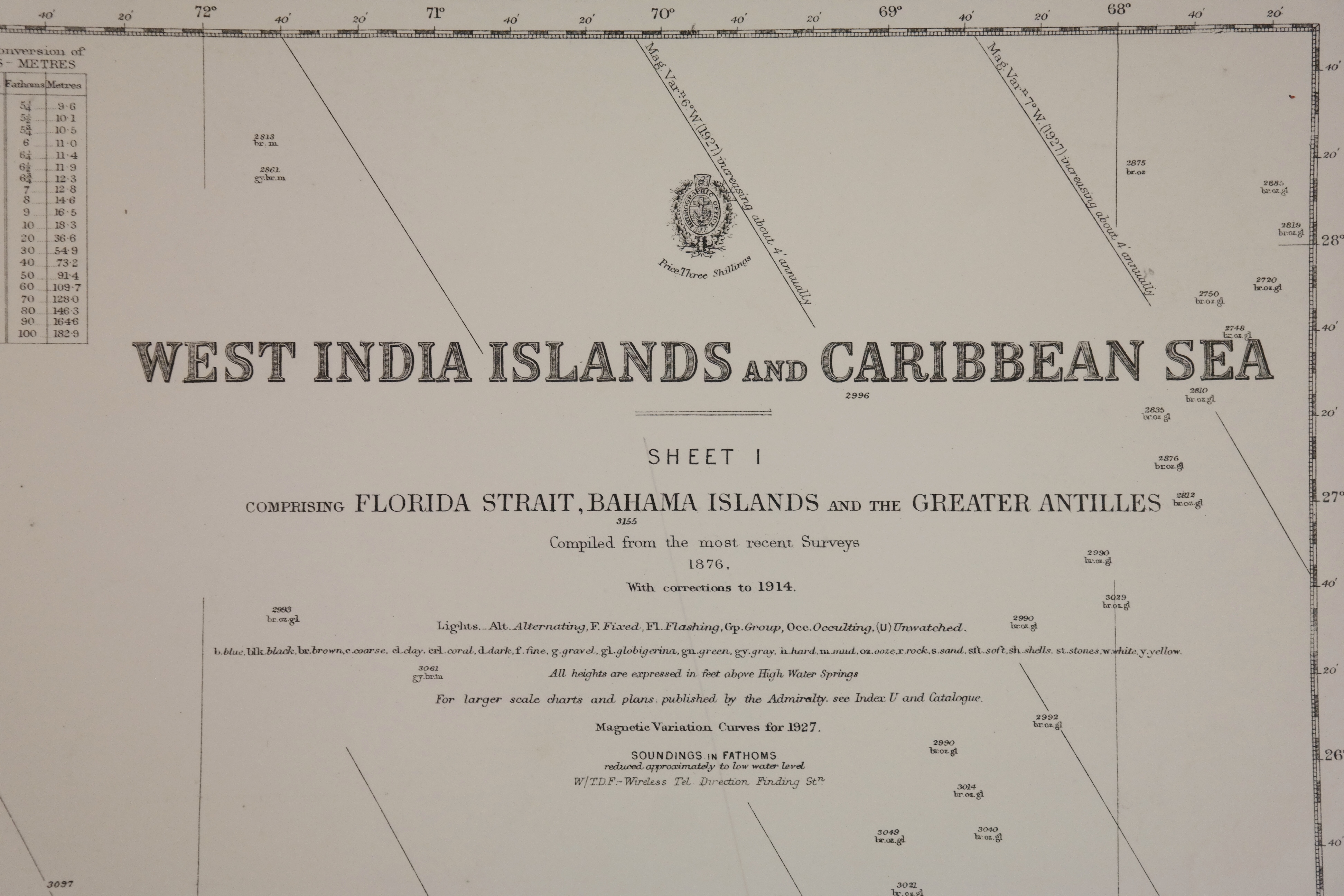 Cuba, Florida, Bahama’s and Greater Antilles British – Admiralty Chart 761, published in 1876