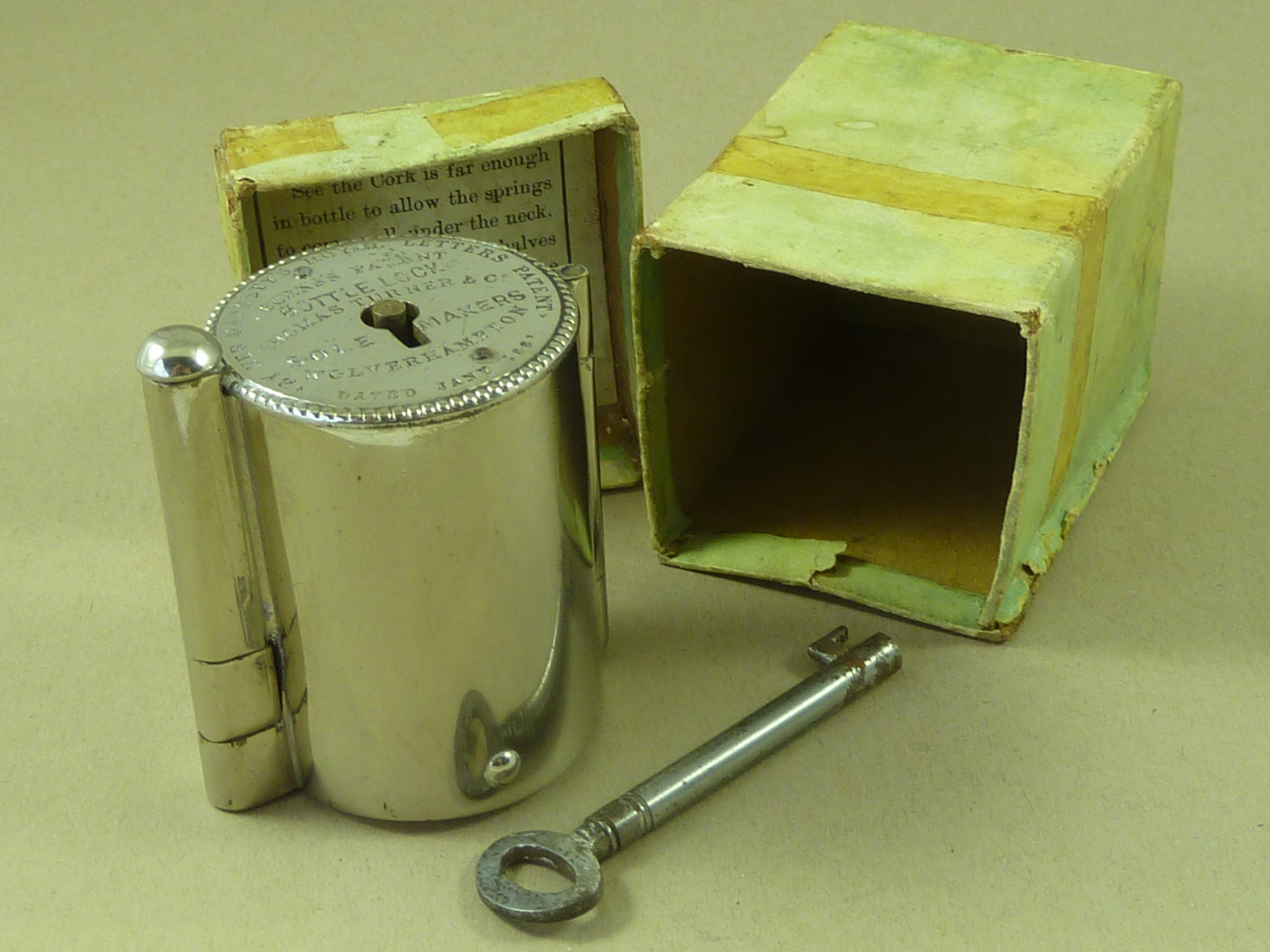 Boxed Burns’s Patent Bottle Lock & Key Working Nickel Brass Victorian Antique