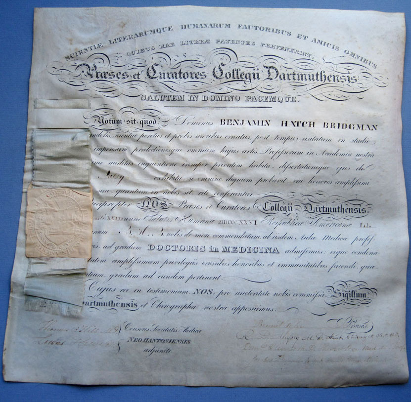 1826 Dartmouth Medical Diploma