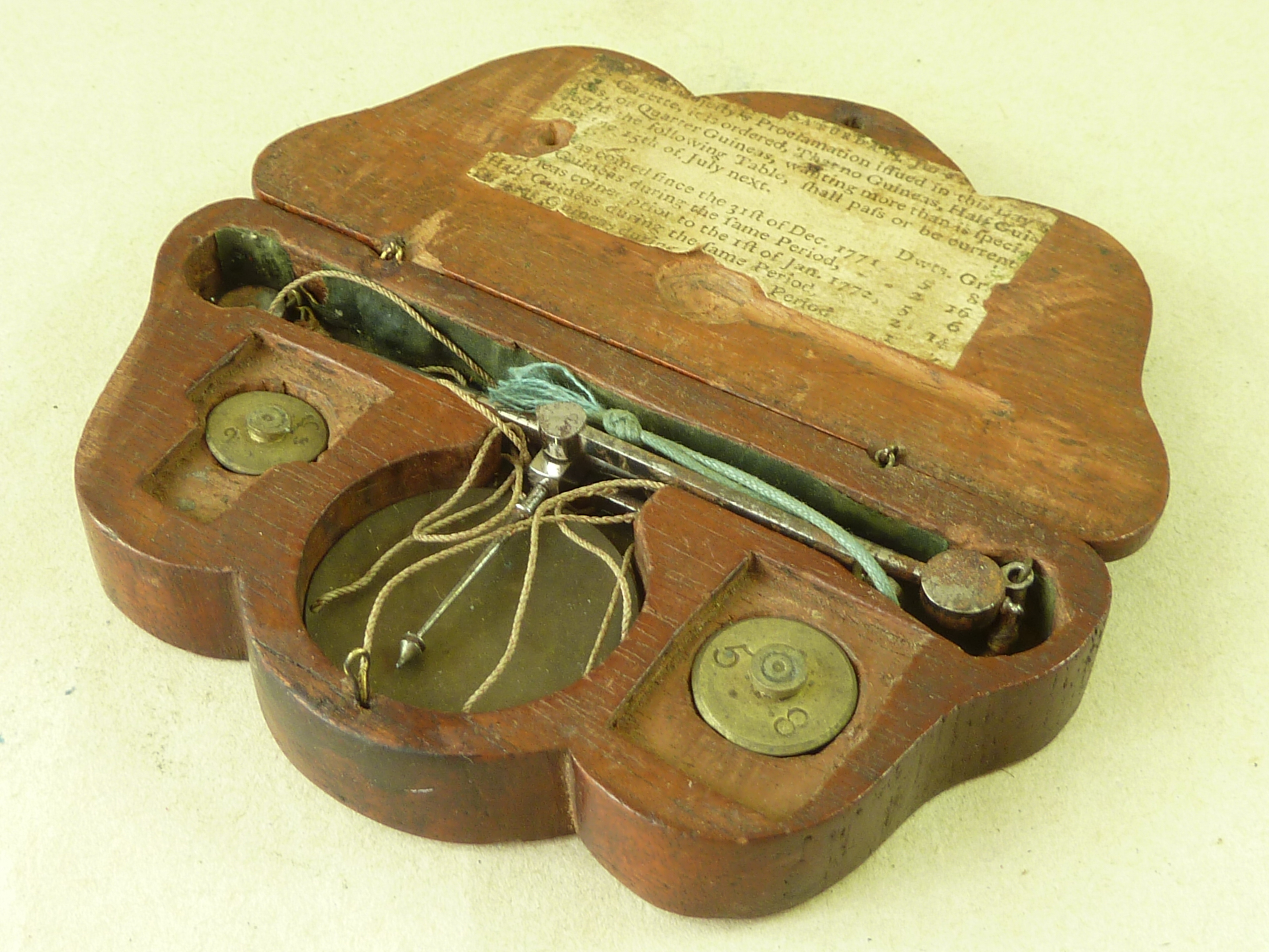 18th Century Shaped Boxed Dated English Guinea Coin Balance Scales