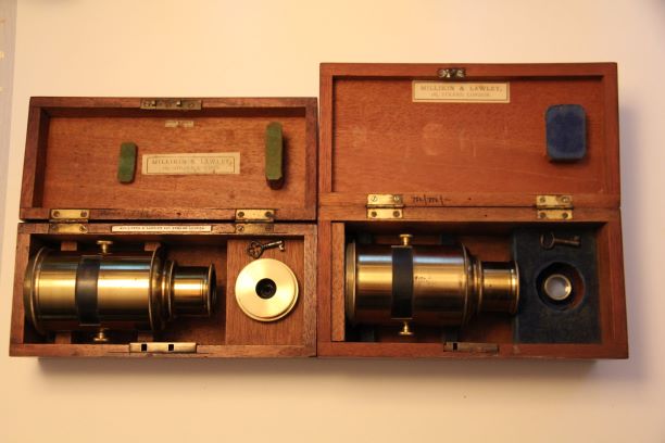~CASED PAIR OF MAGIC LANTERN/PROJECTION MICROSCOPE LENSES with INTERCHANGEABLE OPTICS~