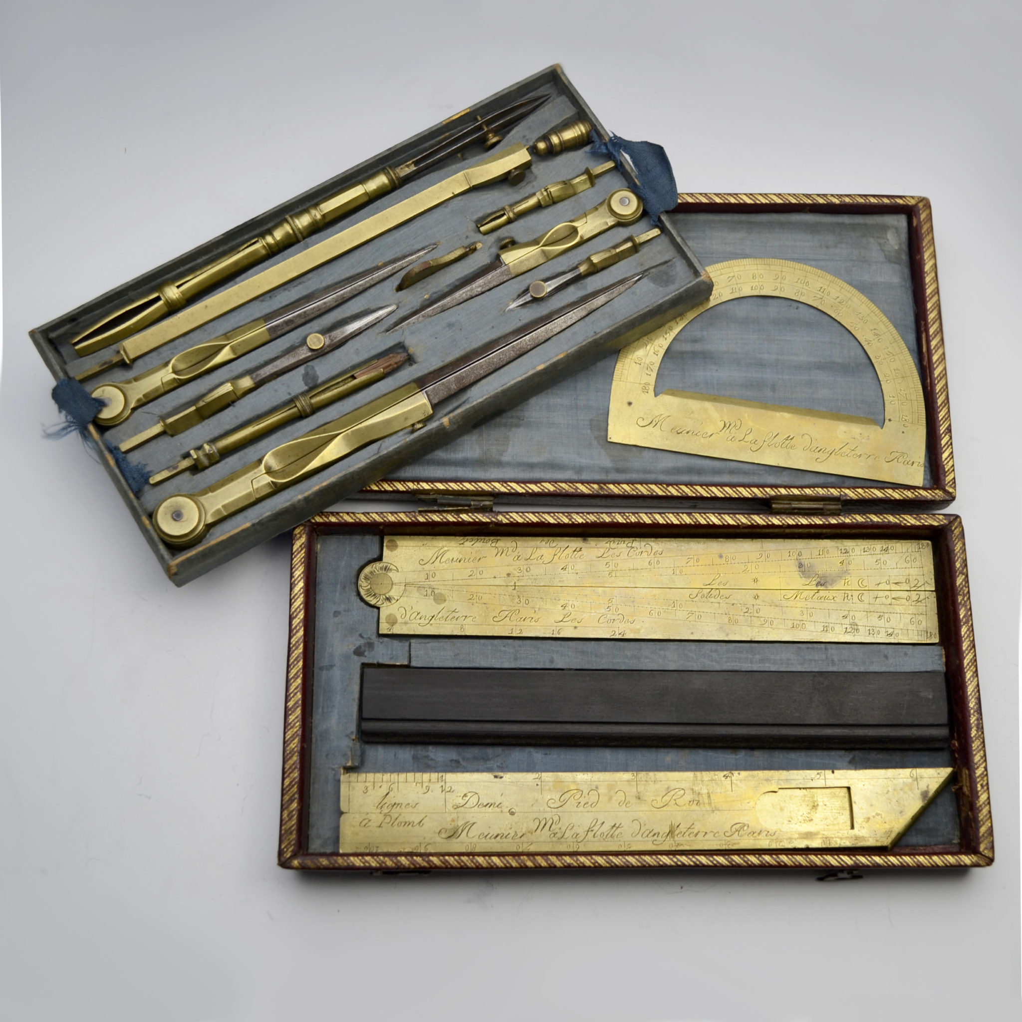 Exceptional gilt Moroccan leather cased drawing instruments by Meunier, circa 1780