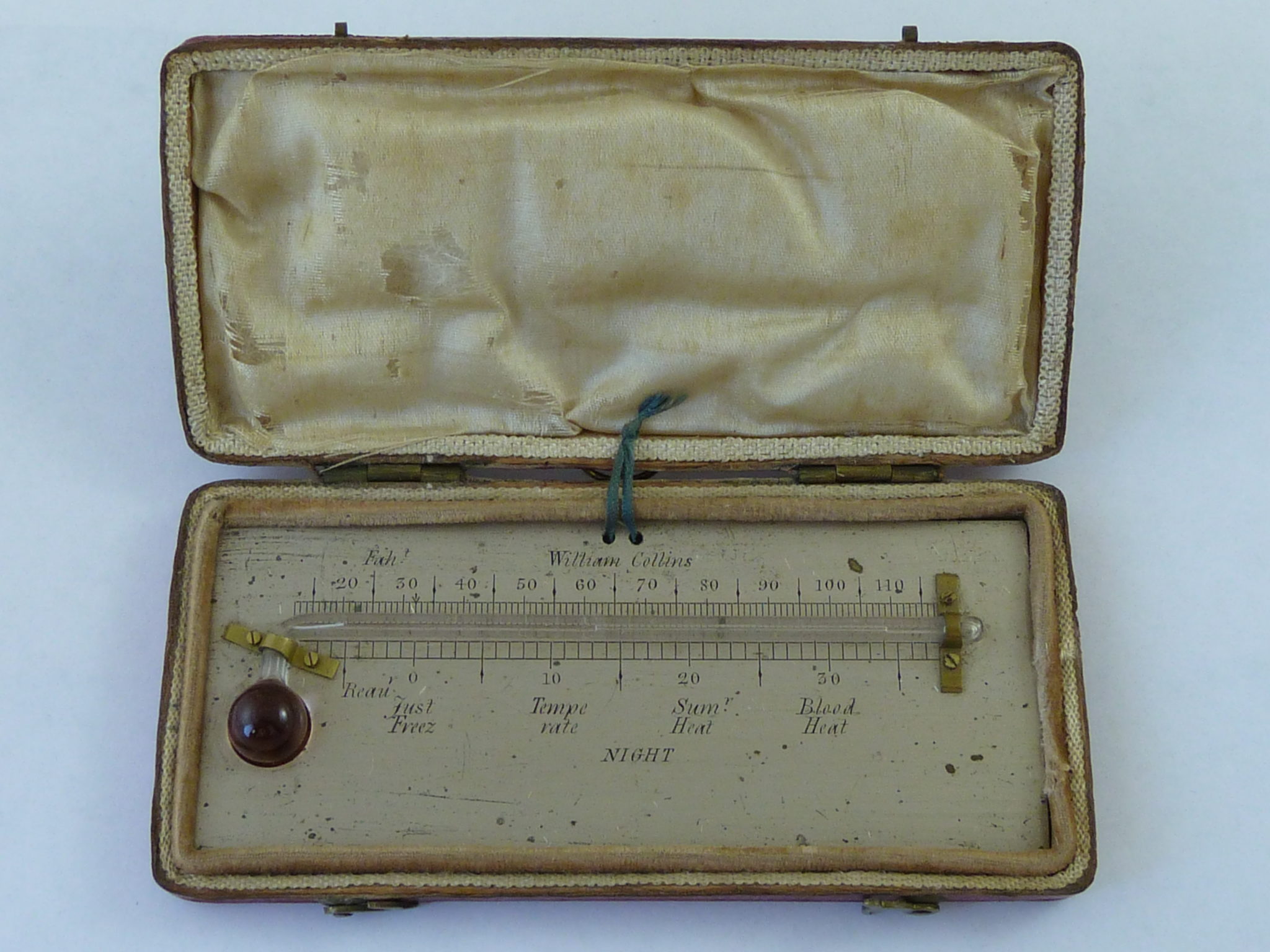 William Collins Minimum Night Alcohol Thermometer Leather Cased Antique