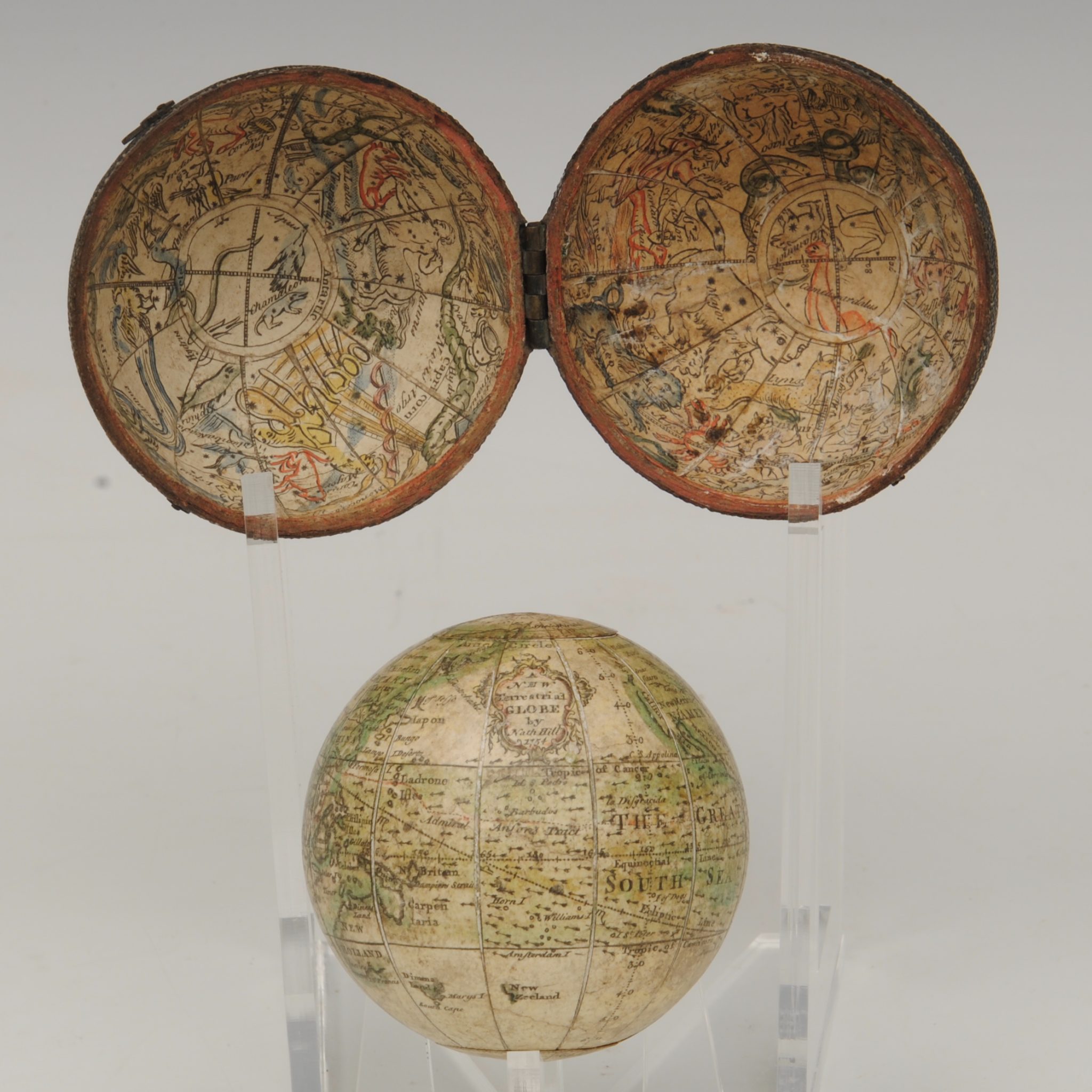 A FINE EXAMPLE OF A 1754 NATHANIEL HILL POCKET GLOBE DATED 1754