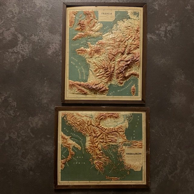 2 antique Italian maps of the France and the Greece, late 1800’s, in relief