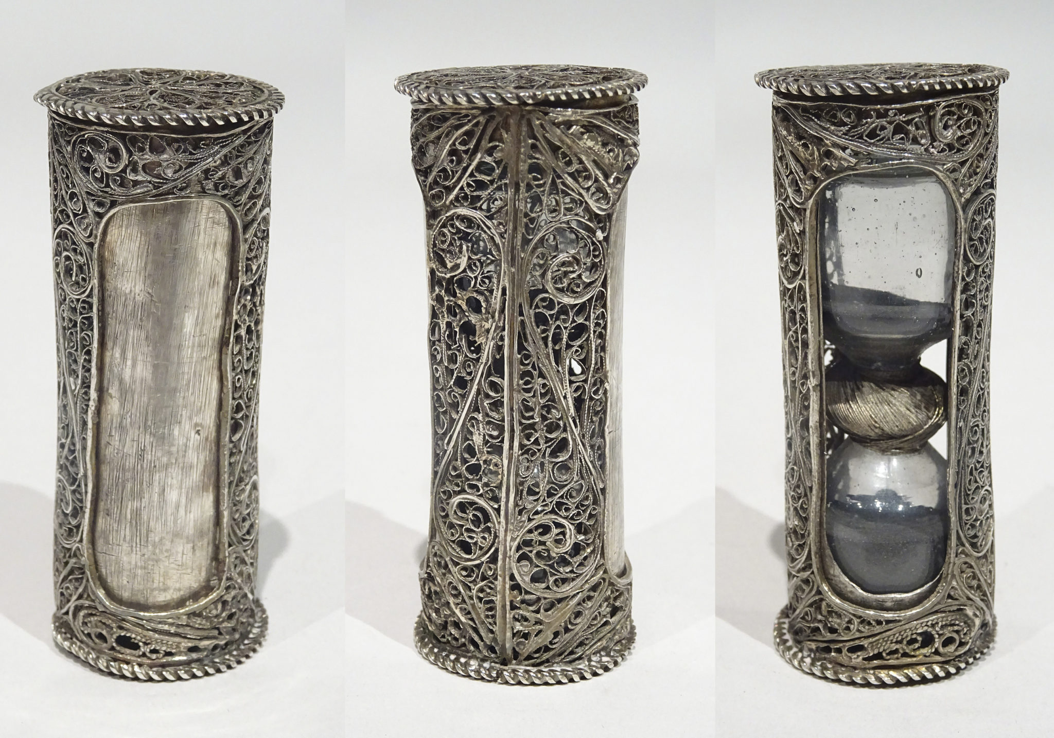Silver filigree travel hourglass made in France circa 1620/1630.
