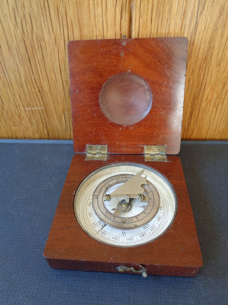 Travel compass sundial in mahogany case