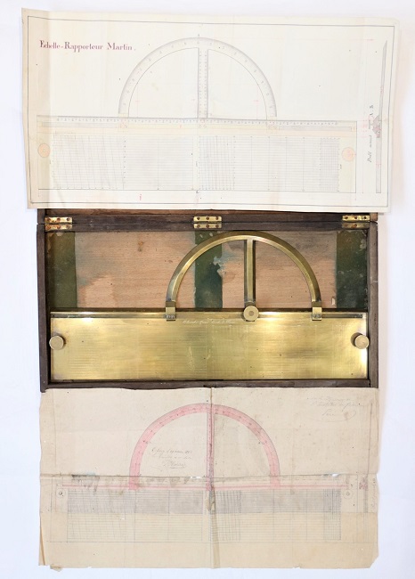 A presentation example of a new-form of an huge ruler-protractor with original drawing and dedication – 1862