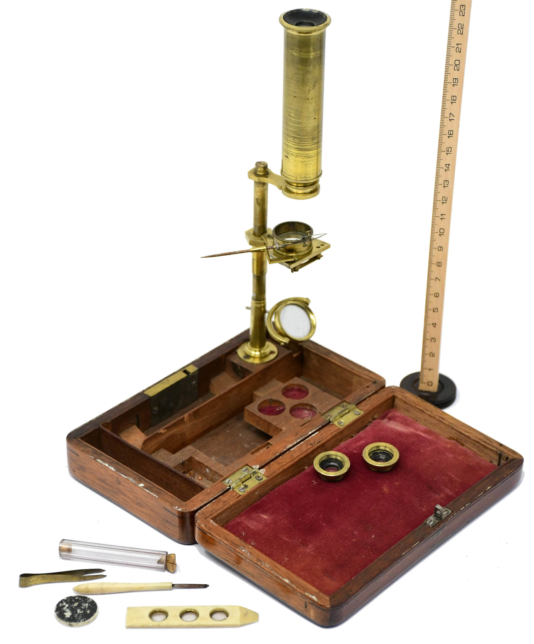 Early 19th c. pocket case-mounted simple & compound microscope