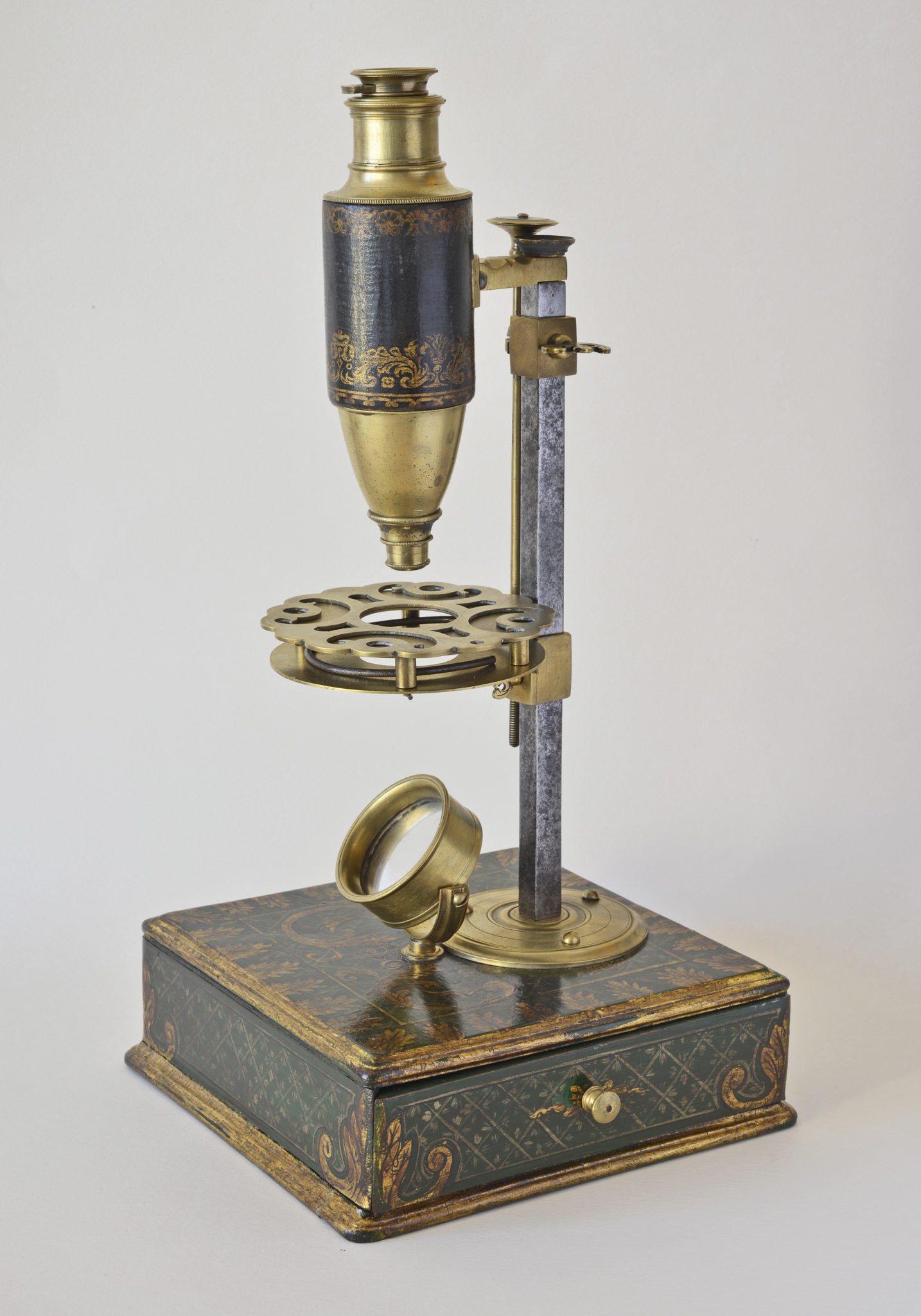 Brass lacquered microscope made in Nuremberg dated 1740 in its original leather box