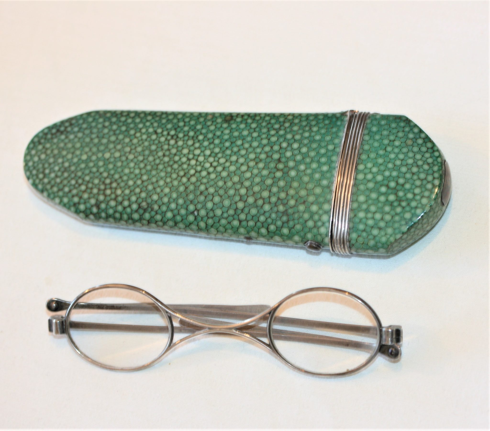 FRENCH SILVER SPECTACLES C 1880 WITH SHAGREEN CASE ALL IN GOOD COND.
