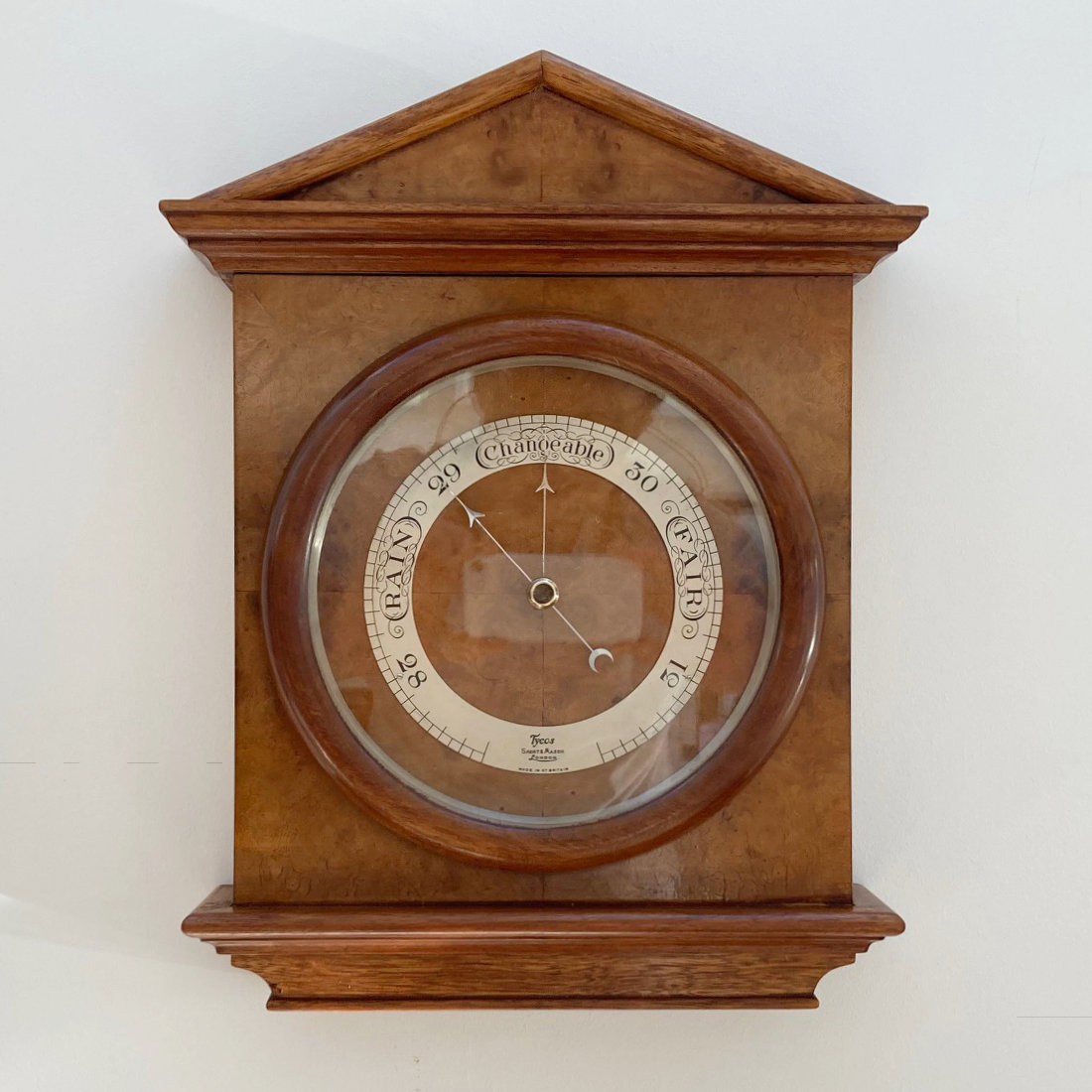 Large Burr Walnut Art Deco Wall Aneroid Barometer by Short & Mason London