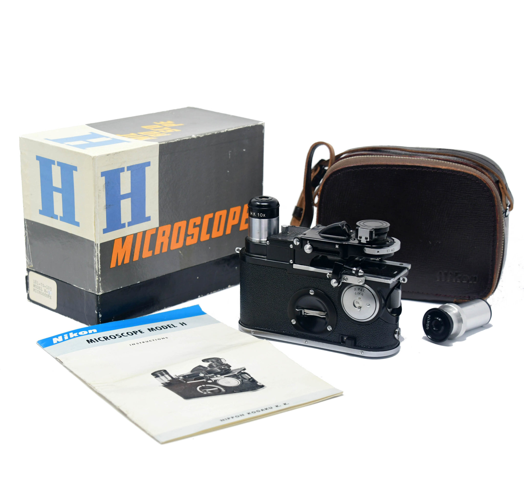 Extremely rare pristine Nikon HP/H3 phase-contrast folded-optics microscope set, 1967