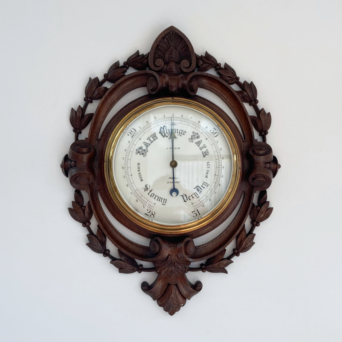 Large Victorian Carved Oak Wall Aneroid Barometer by James Pitkin London