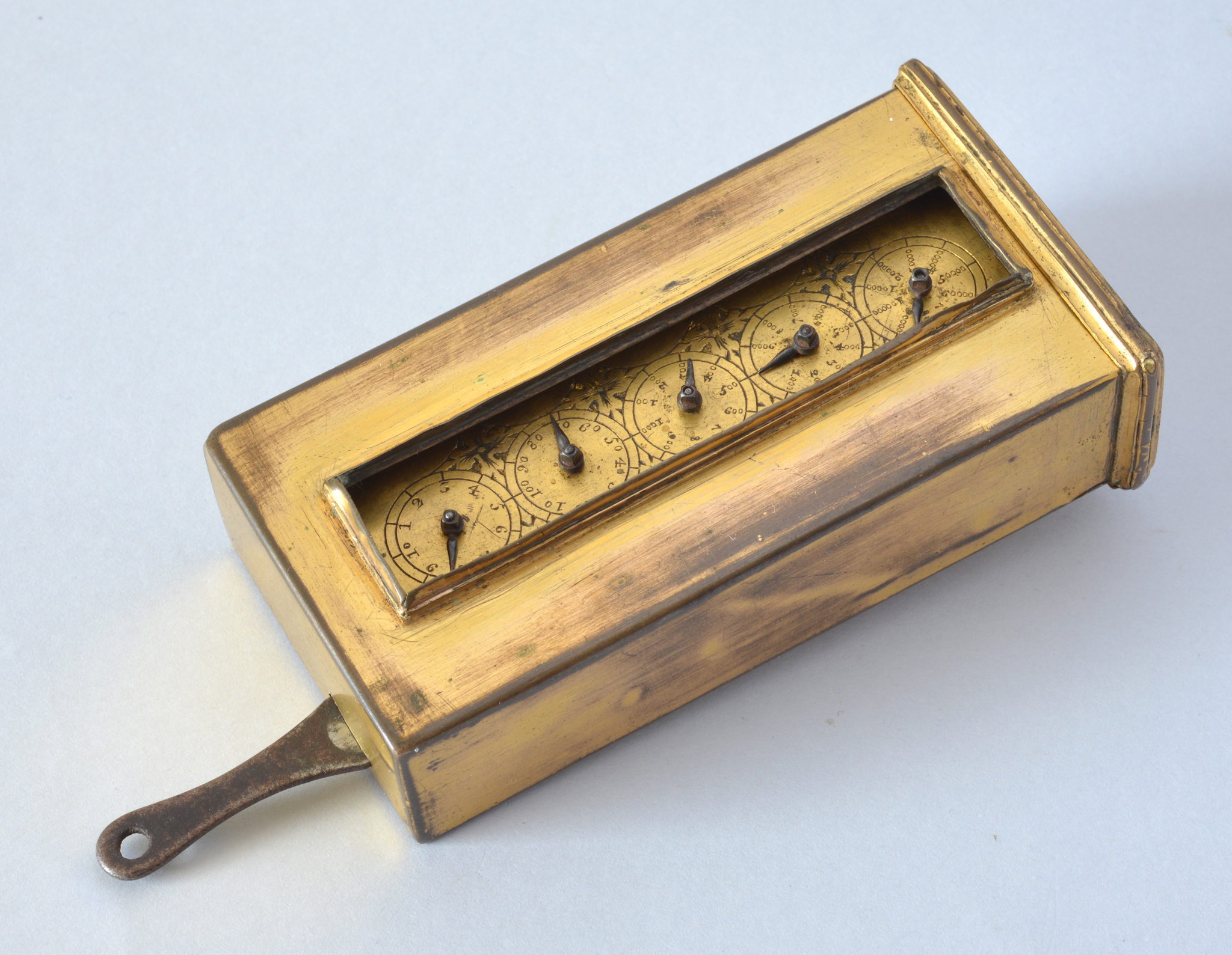 Rectangular pedometer in gilt brass in its original case dated 1753