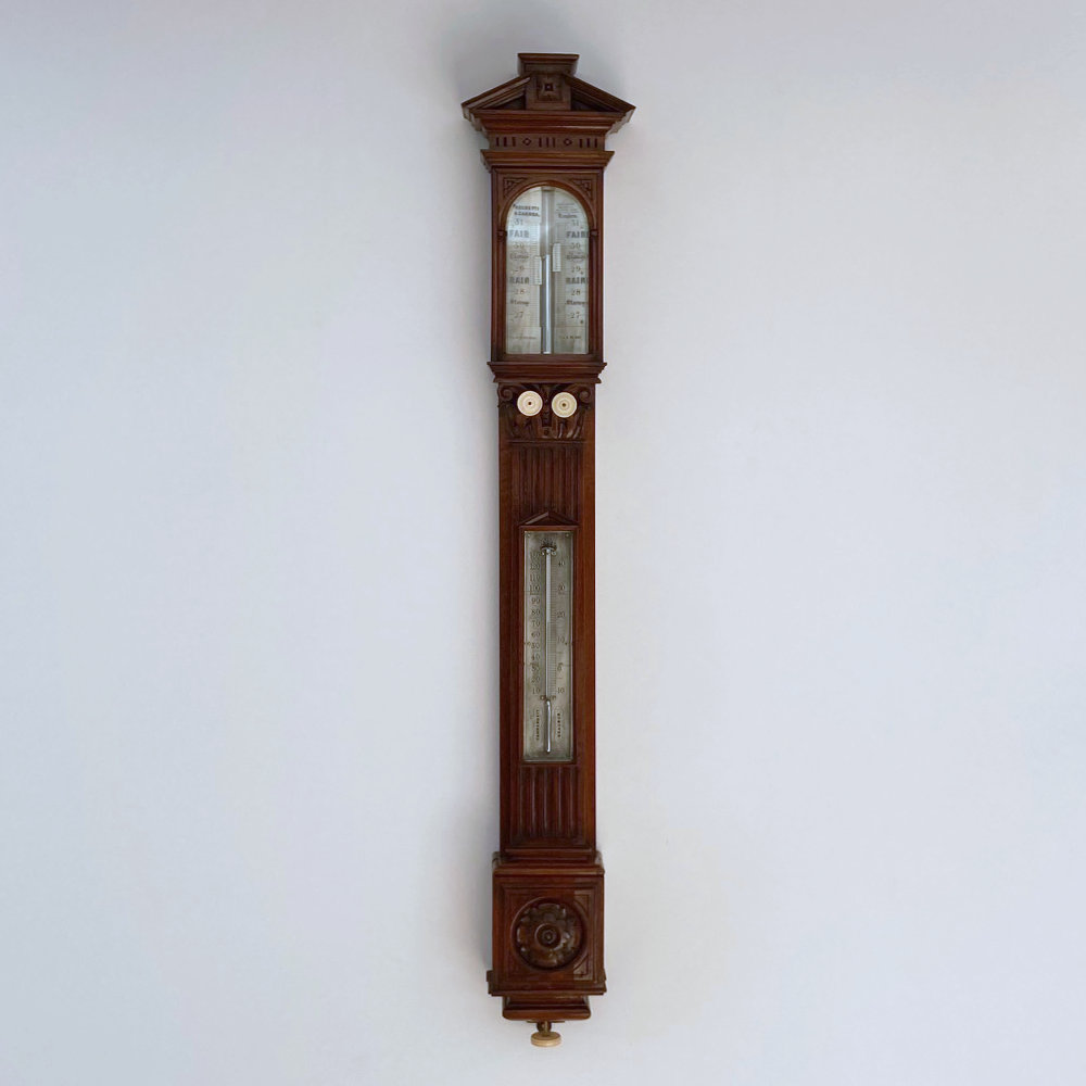 Mid Victorian Carved Walnut Stick Barometer by Negretti & Zambra, London