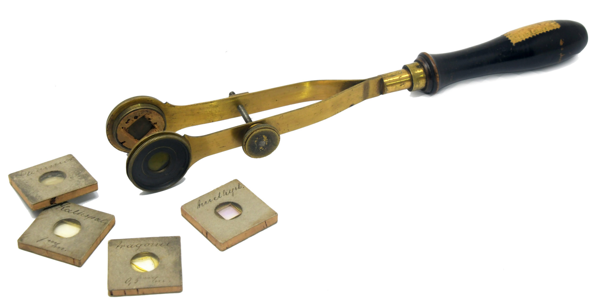 Early Tourmanile Tongs for the determination of crystal geometry in optical mineralogy, ca. 1860