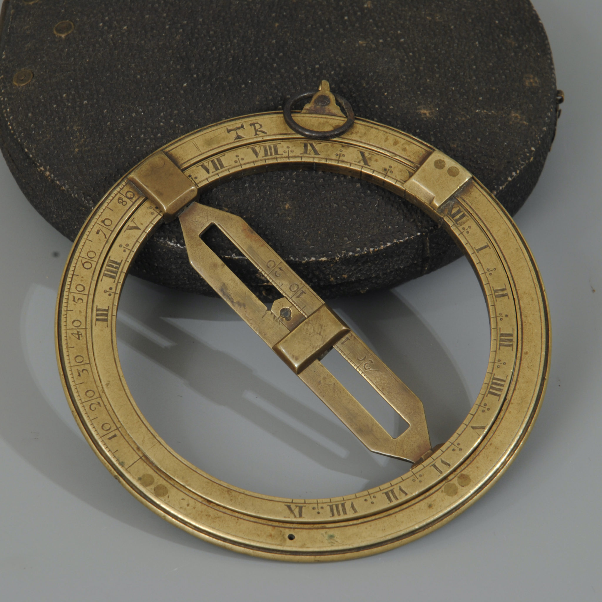 18th century brass ring dial in a fish skin case