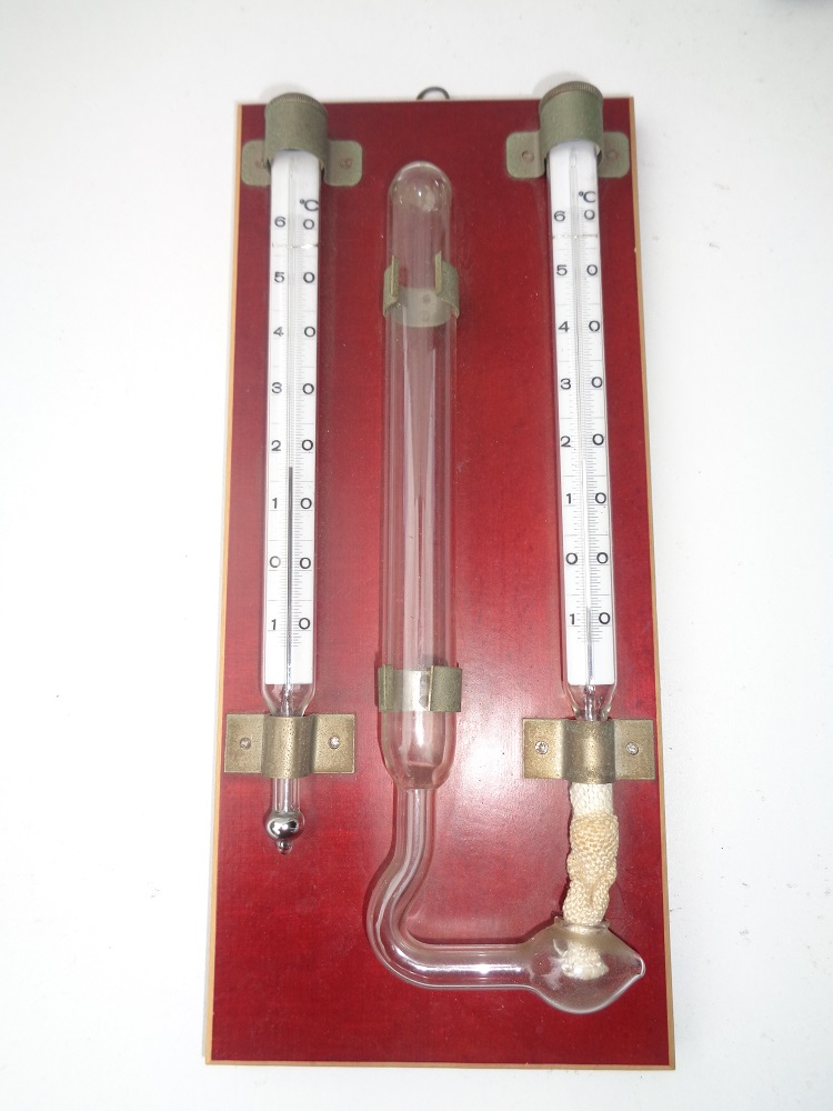 A wall mounted wet and dry bulb thermometer set or hygrometer