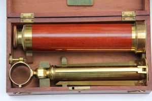 ~CASED FIVE DRAW MAHOGANY TELESCOPE ON TRIPOD BASE-CARY, LONDON~