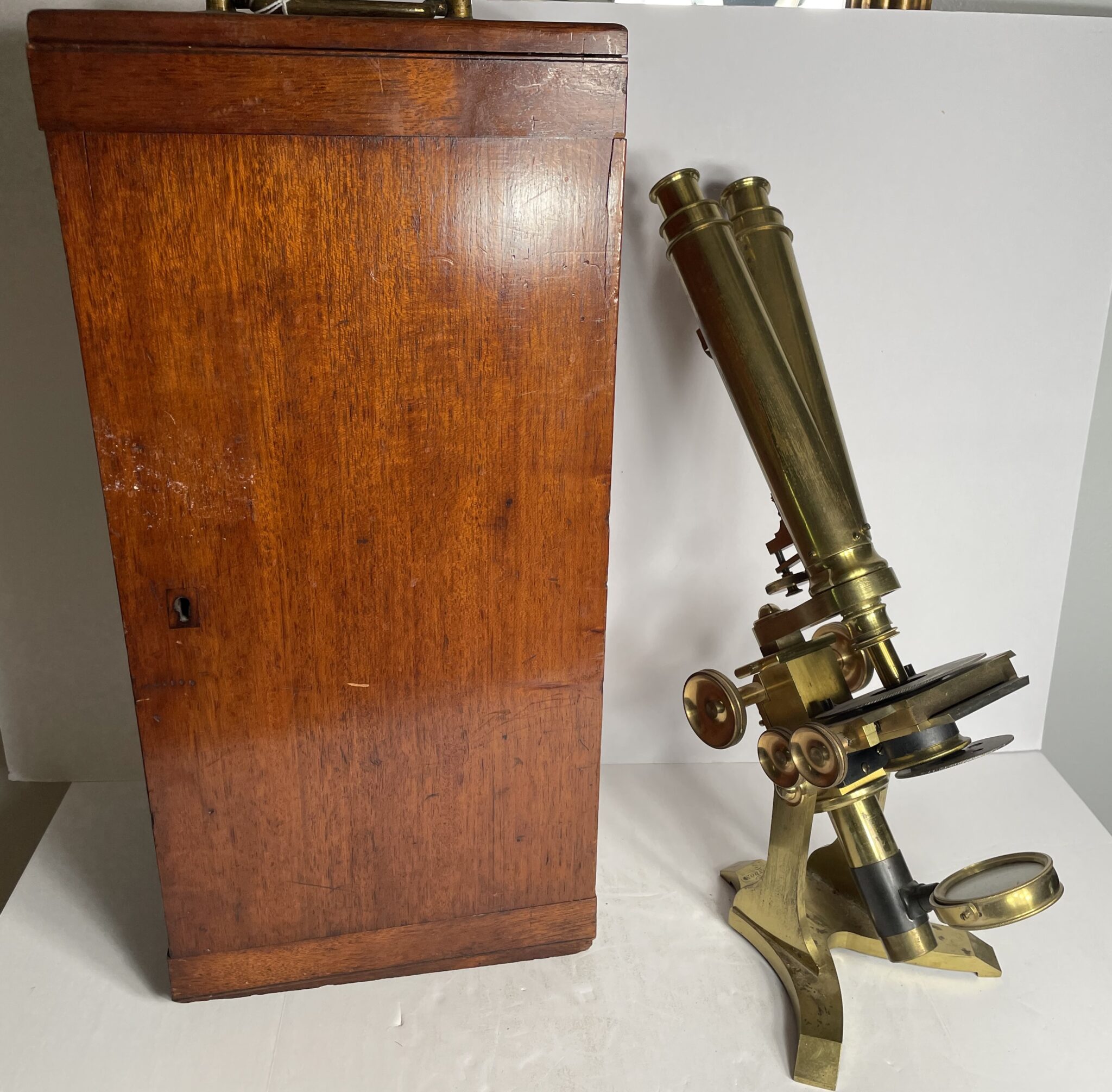 Large signed Newton & Co Binocular Microscope C 1880 with case and accessories