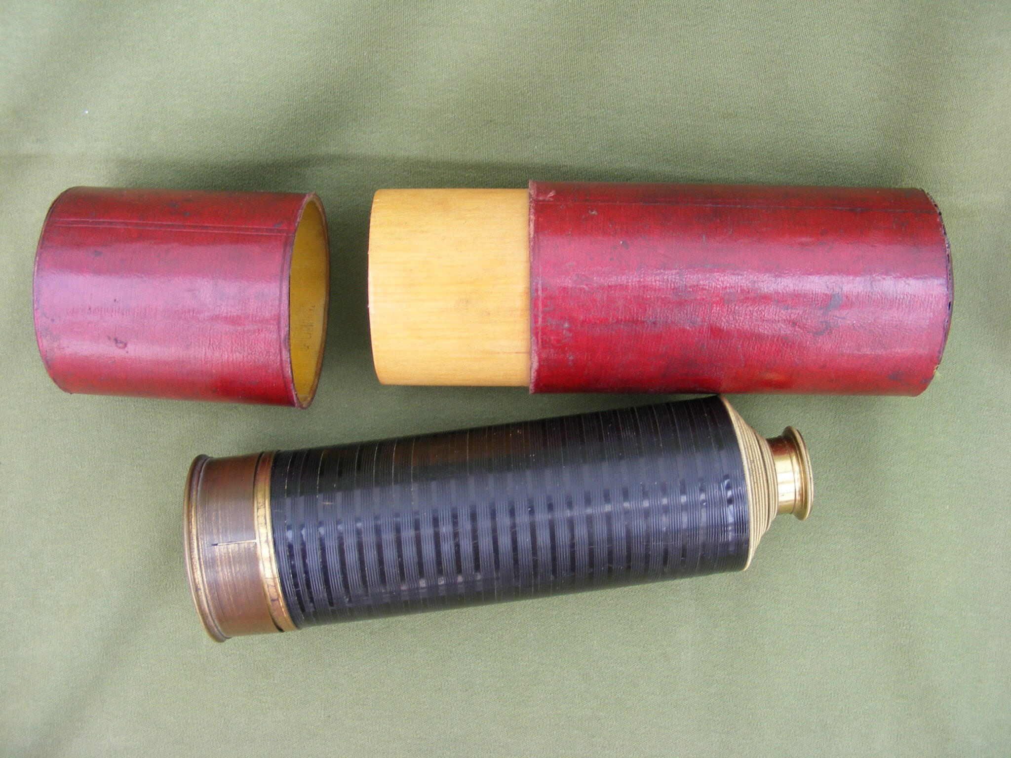 NINE DRAW ENGLISH TELESCOPE BY EDWARD G. WOOD. LONDON WITH RED MOROCCO SLIP CASE