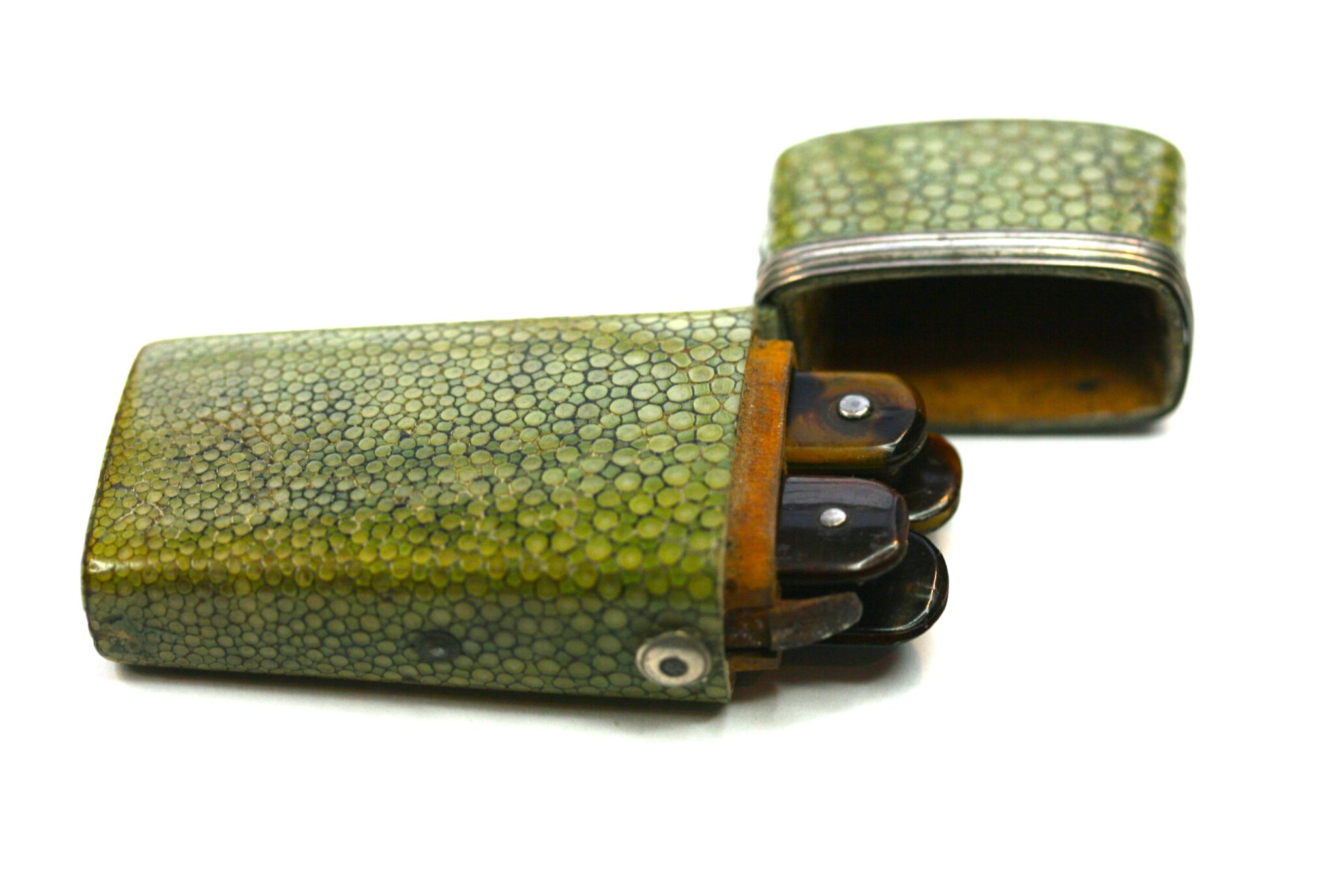 SHAGREEN LANCETS CASE WITH 6 SHELL FLEAMS, C1880,  3 IN. HIGH