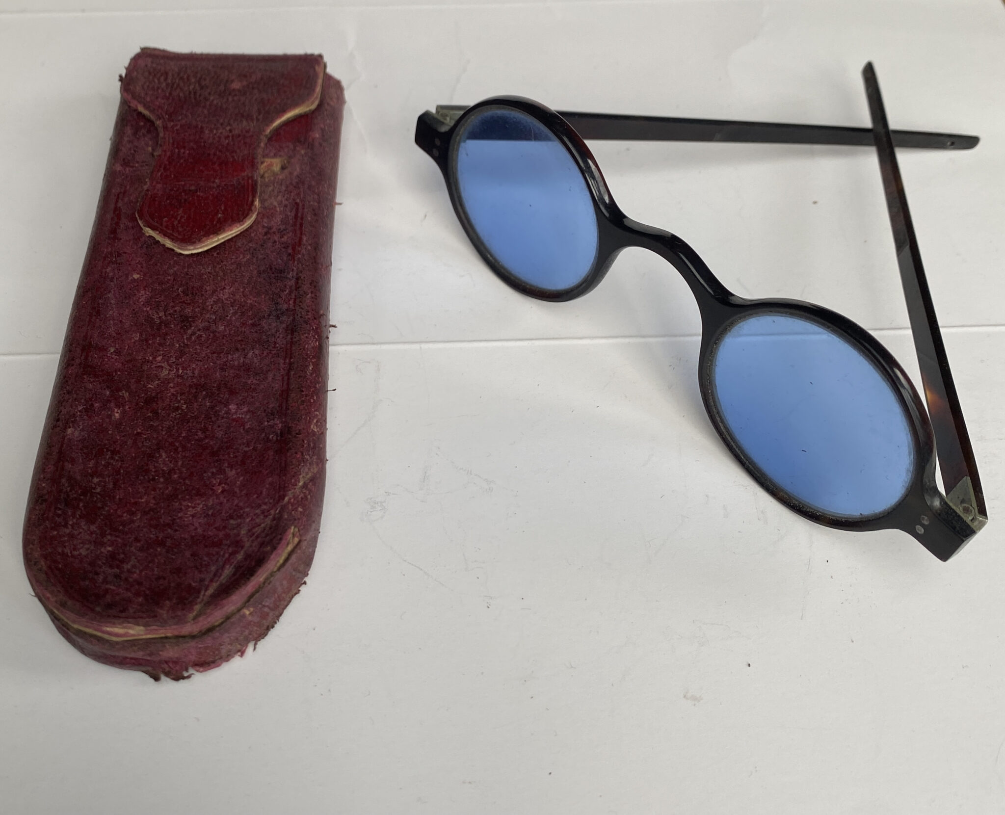 A Cased 1800s  Tortoiseshell & Tinted Blue Glass Spectacles.