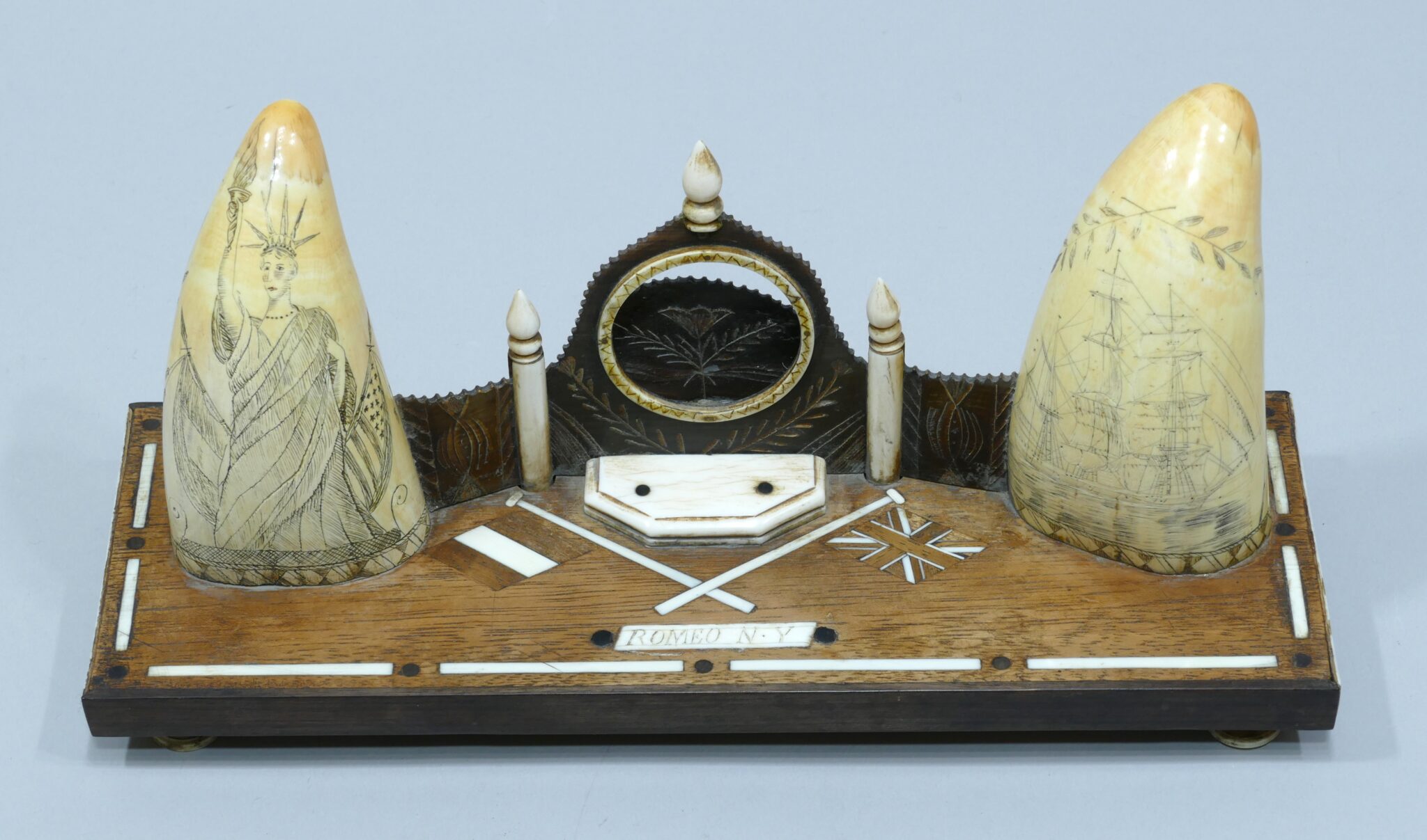 Scrimshaw watch holder in wood with bone inlay made circa 1890