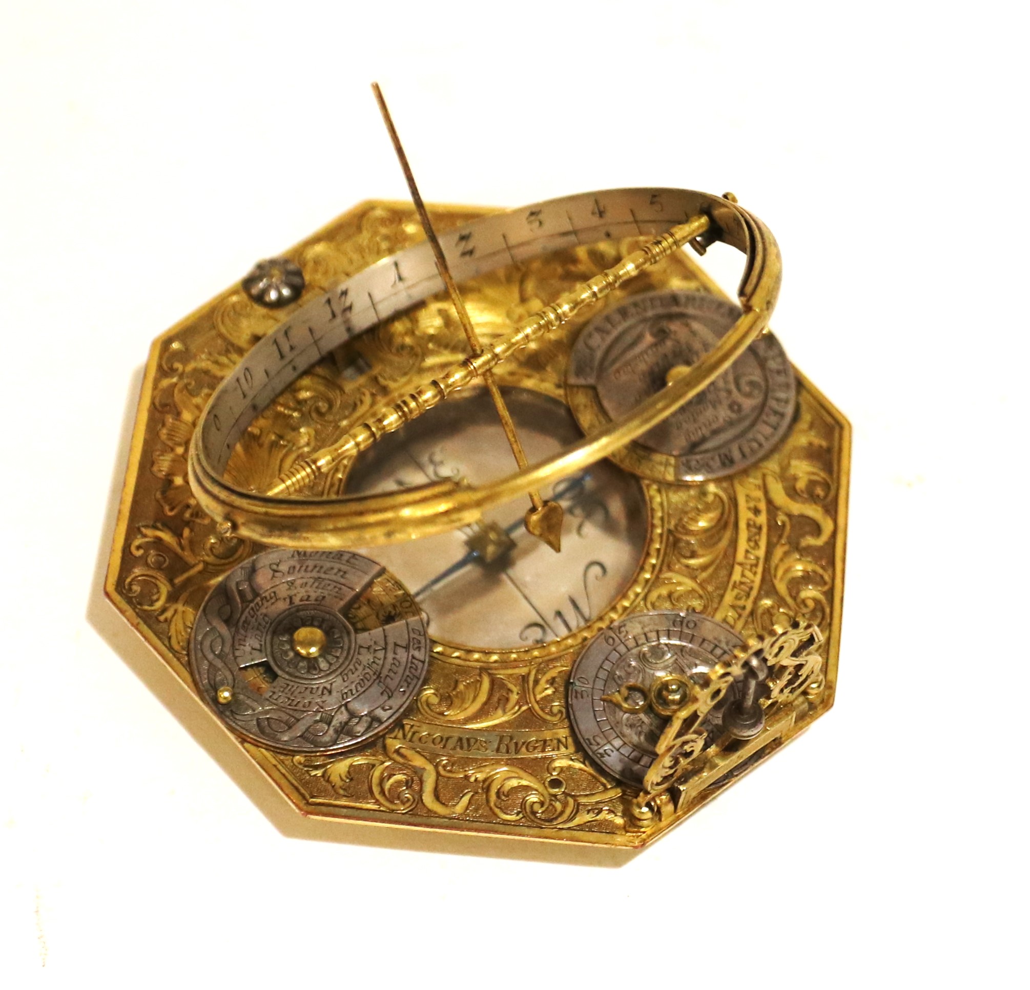 Silver and gilded brass mechanical sundial by Rugendas with two perpetual calendars, late 17th century