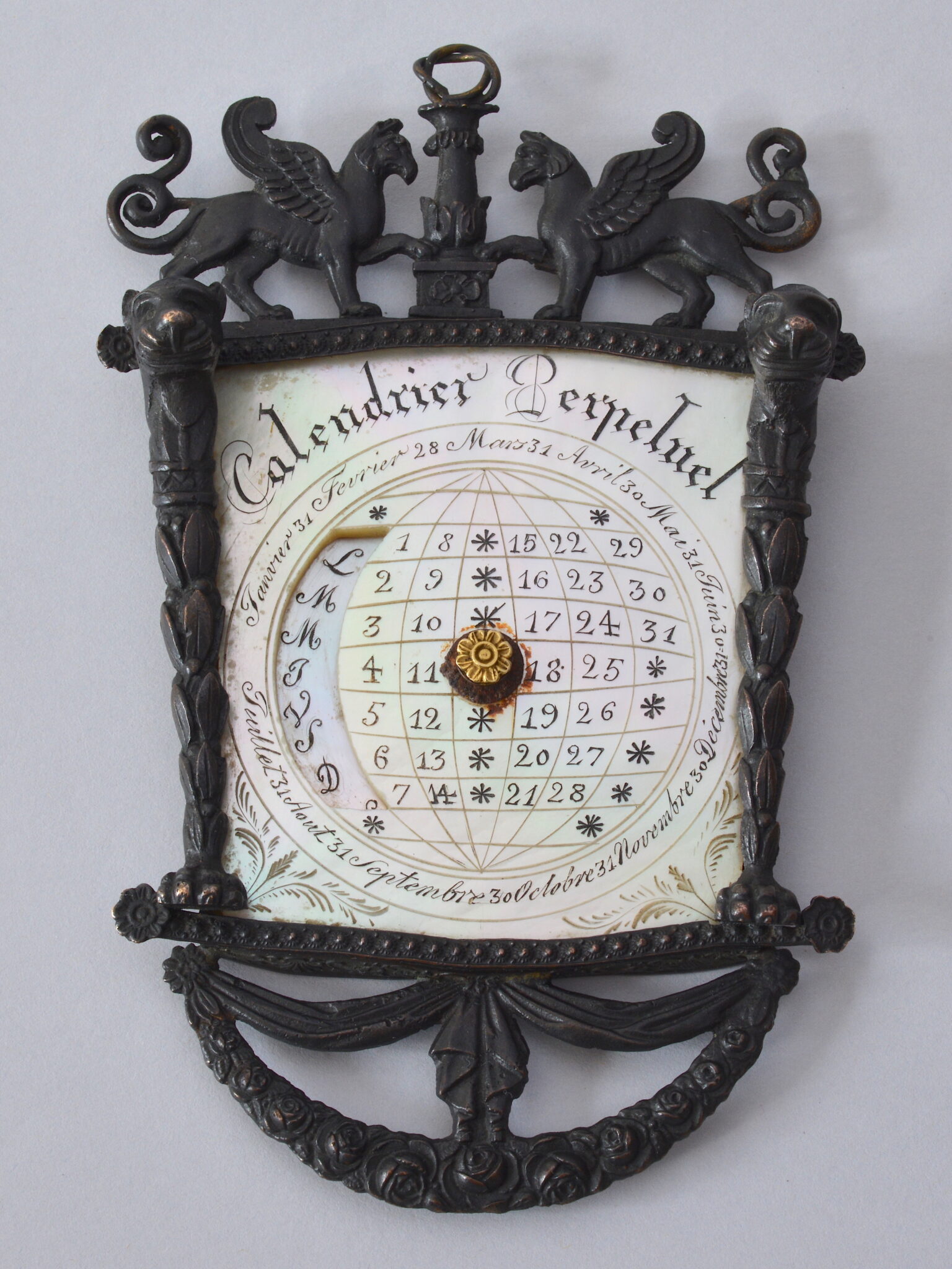 Mother-of-pearl and blackened brass perpetual calendar made circa 1830