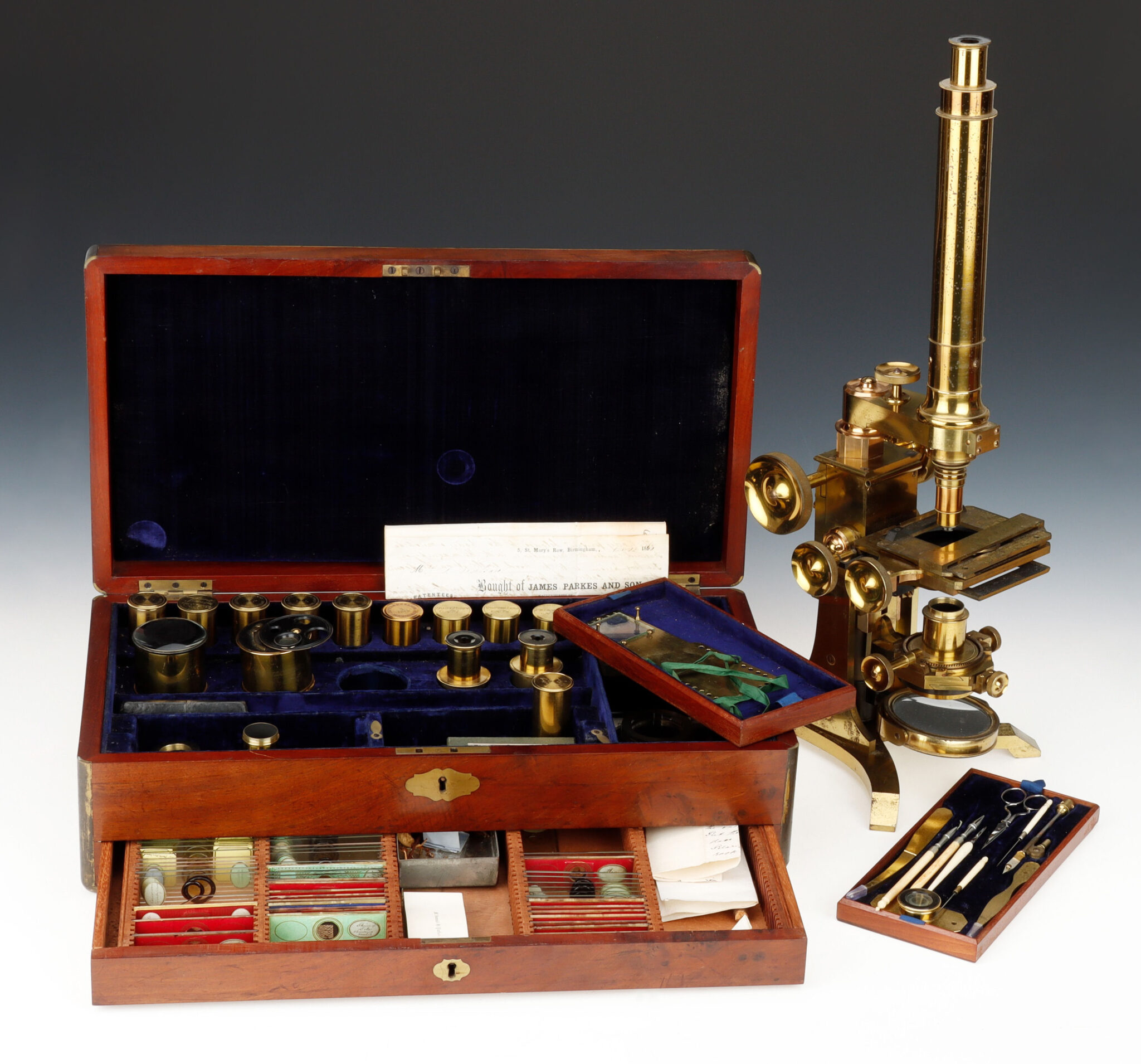 SOLD – Large microscope and accessories – James Parkes & Son.