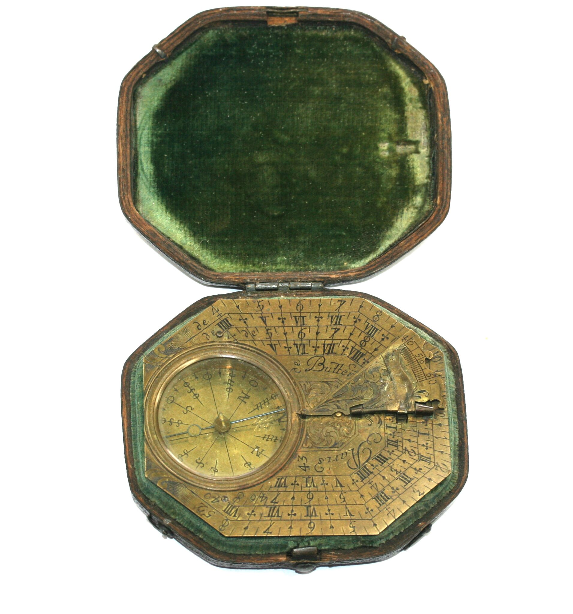 BRASS SUNDIAL COMPASS by BUTTERFIELD IN ITS SHAGREEN CASE IN GOOD COND. 17th CENTURY