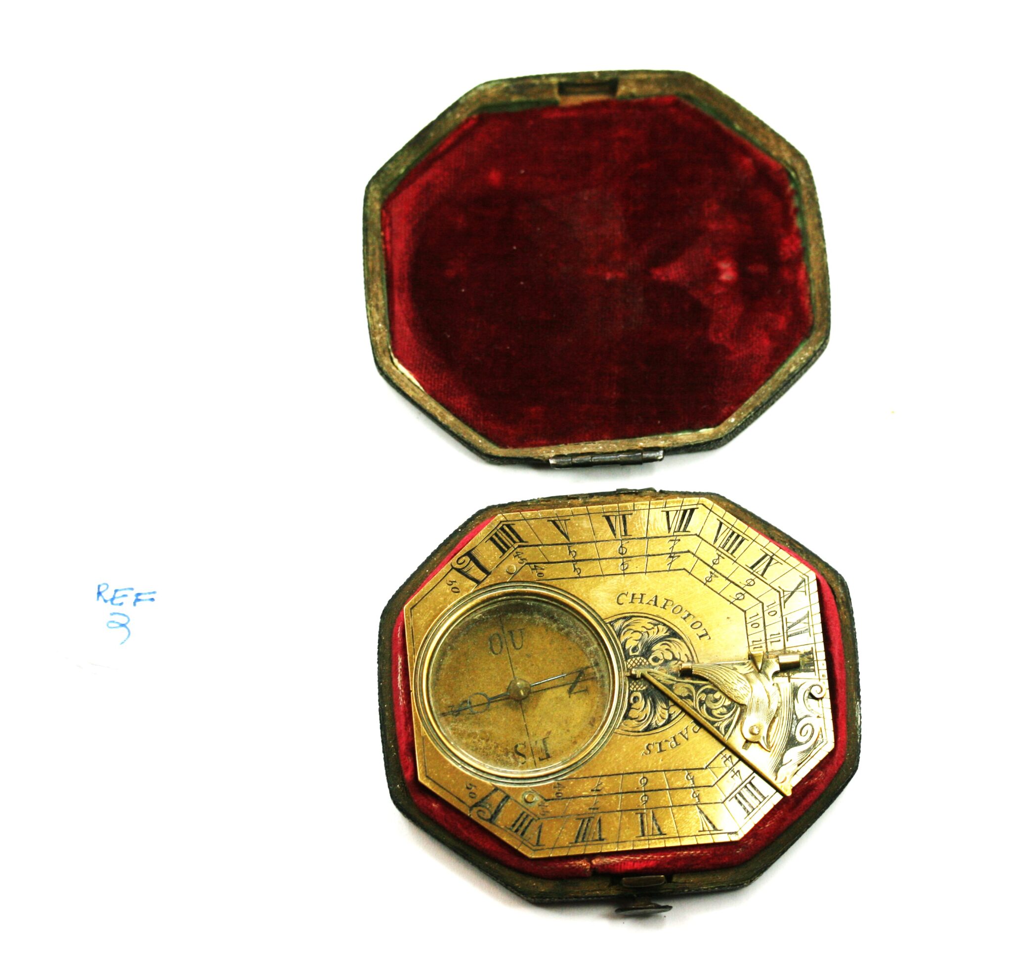 BRASS CHAPOTOT  SUNDIAL COMPASS WITH ITS SHAGREEN CASE 18th CENTURY