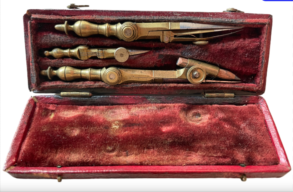 Miniature Architect Set with balusters compass in red leather case C. 1800