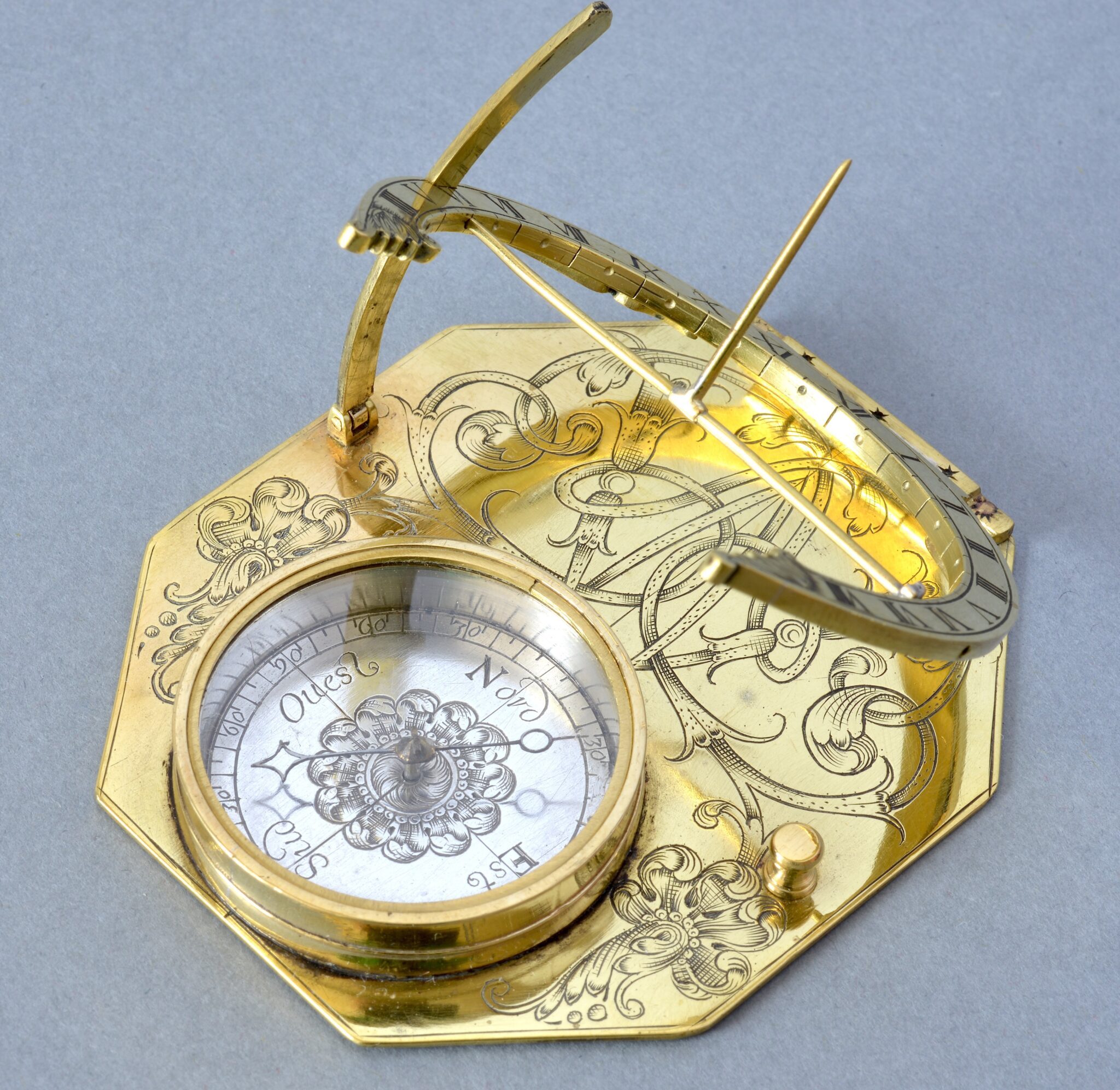 Brass and silver octagonal equatorial sundial made in France circa 1680.