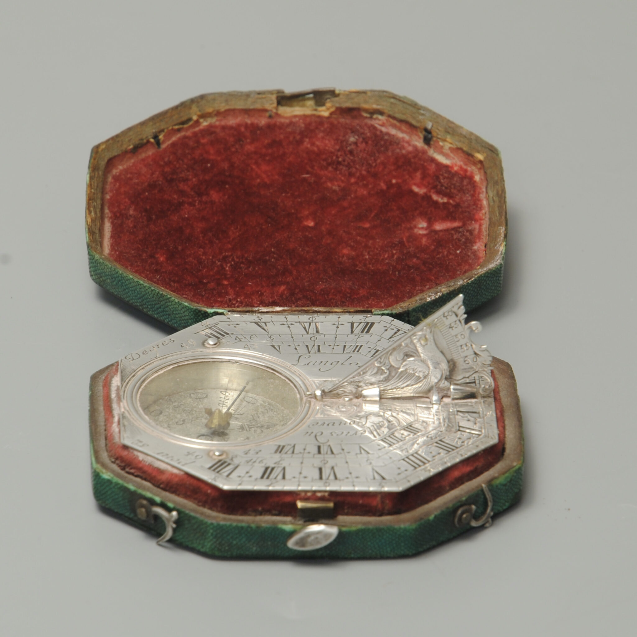 Silver Butterfield dial by Langlois, Paris in green shagreen case.