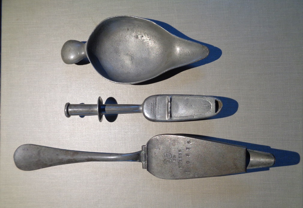 Three 19th century pewter medicein spoons