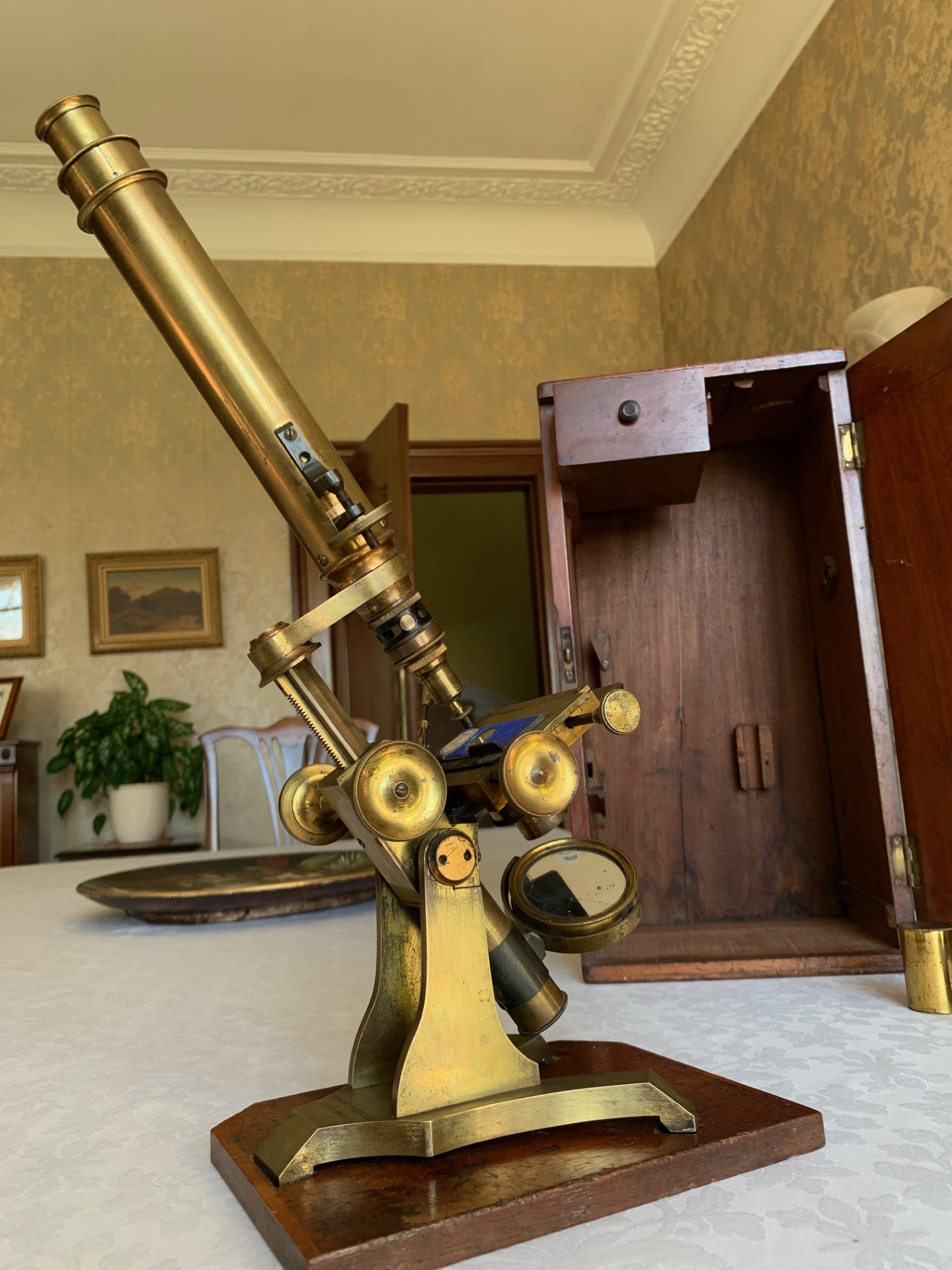 SOLD – Antique Brass Bar-limb Educational Microscope – Wheeler of London – c1869, Cased