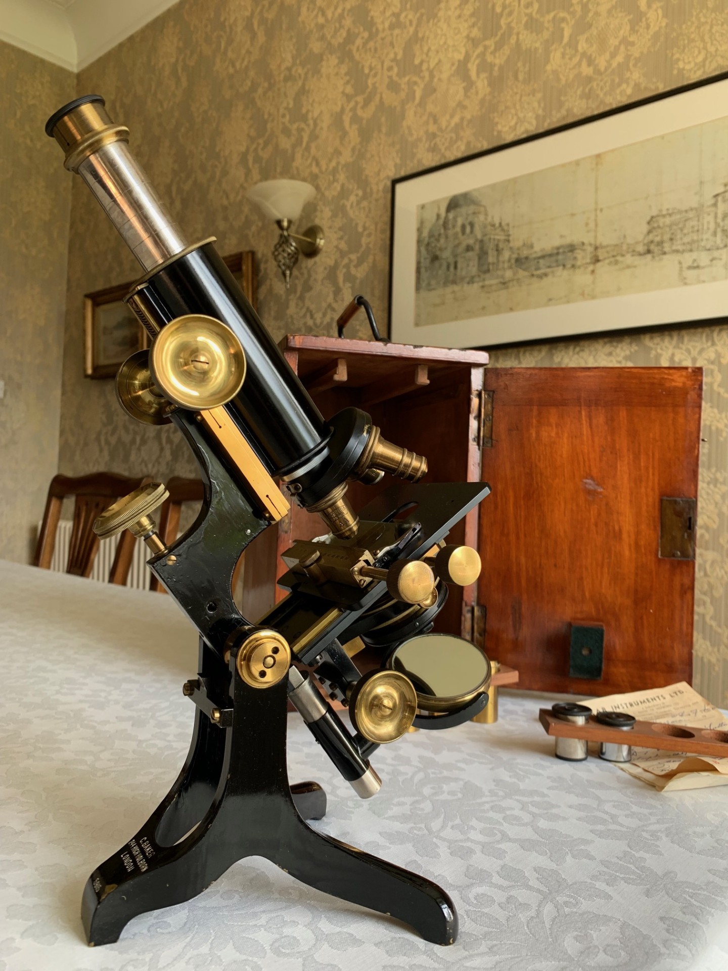Vintage C. Baker Brass Microscope with Zeiss Optics – circa 1930s, Cased