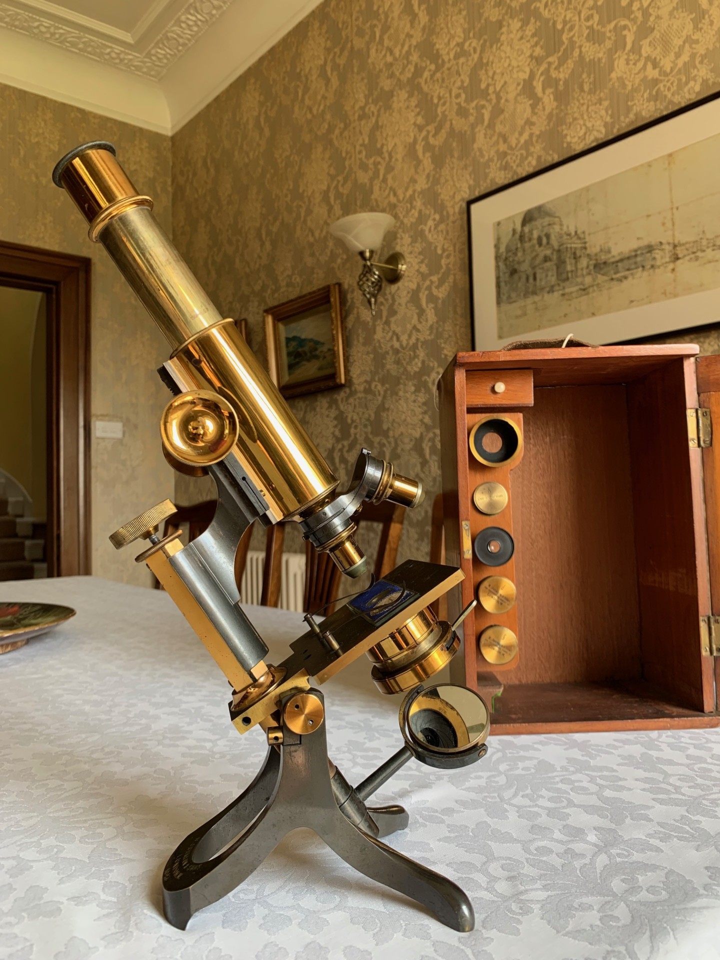 Antique W. Johnson & Sons – Histology-type Brass Microscope – circa 1900, Cased