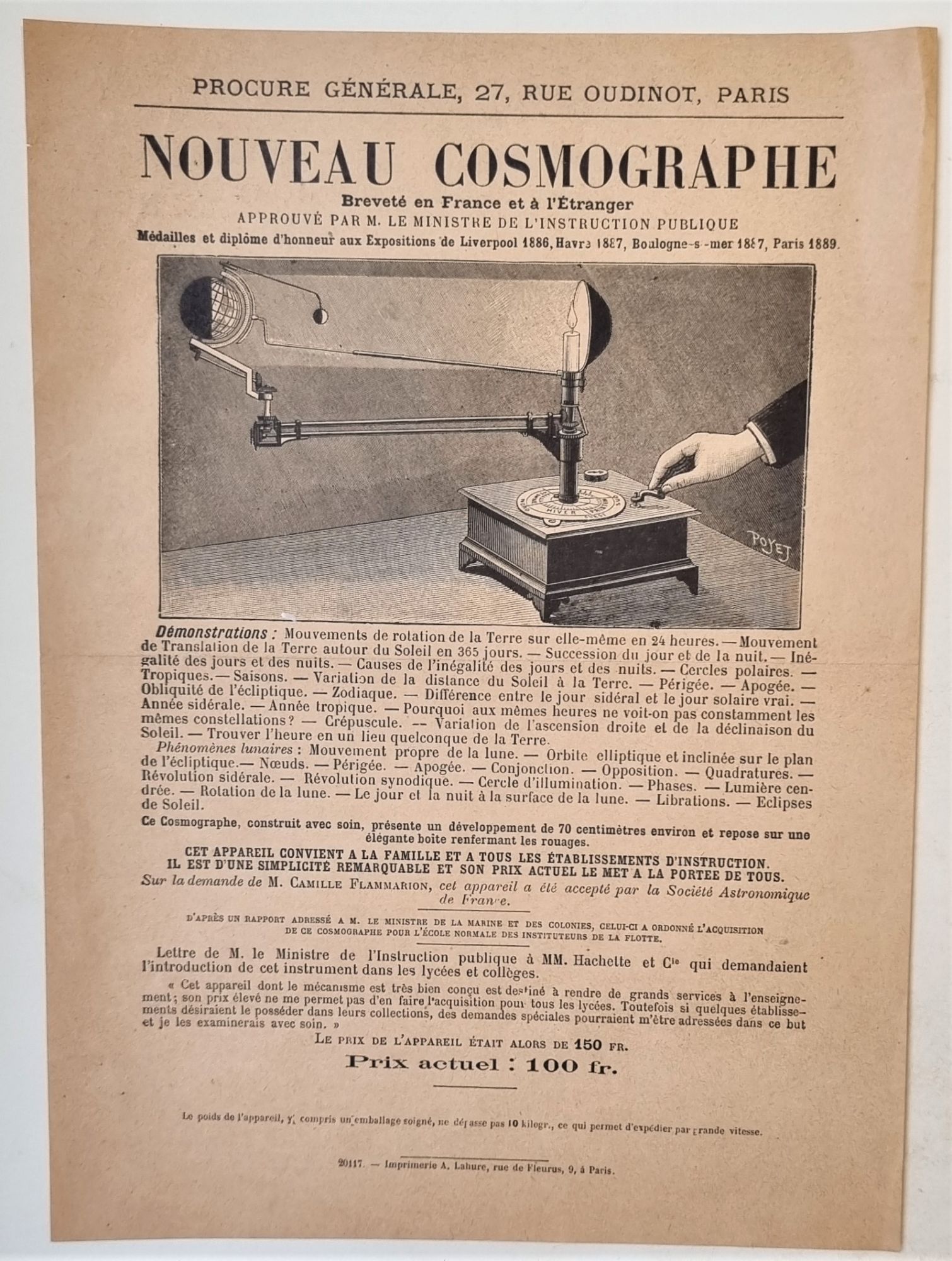 Rare leaflet promoting the New Cosmograph invented by the watchmaker Pierre-Léon Girod, circa 1890