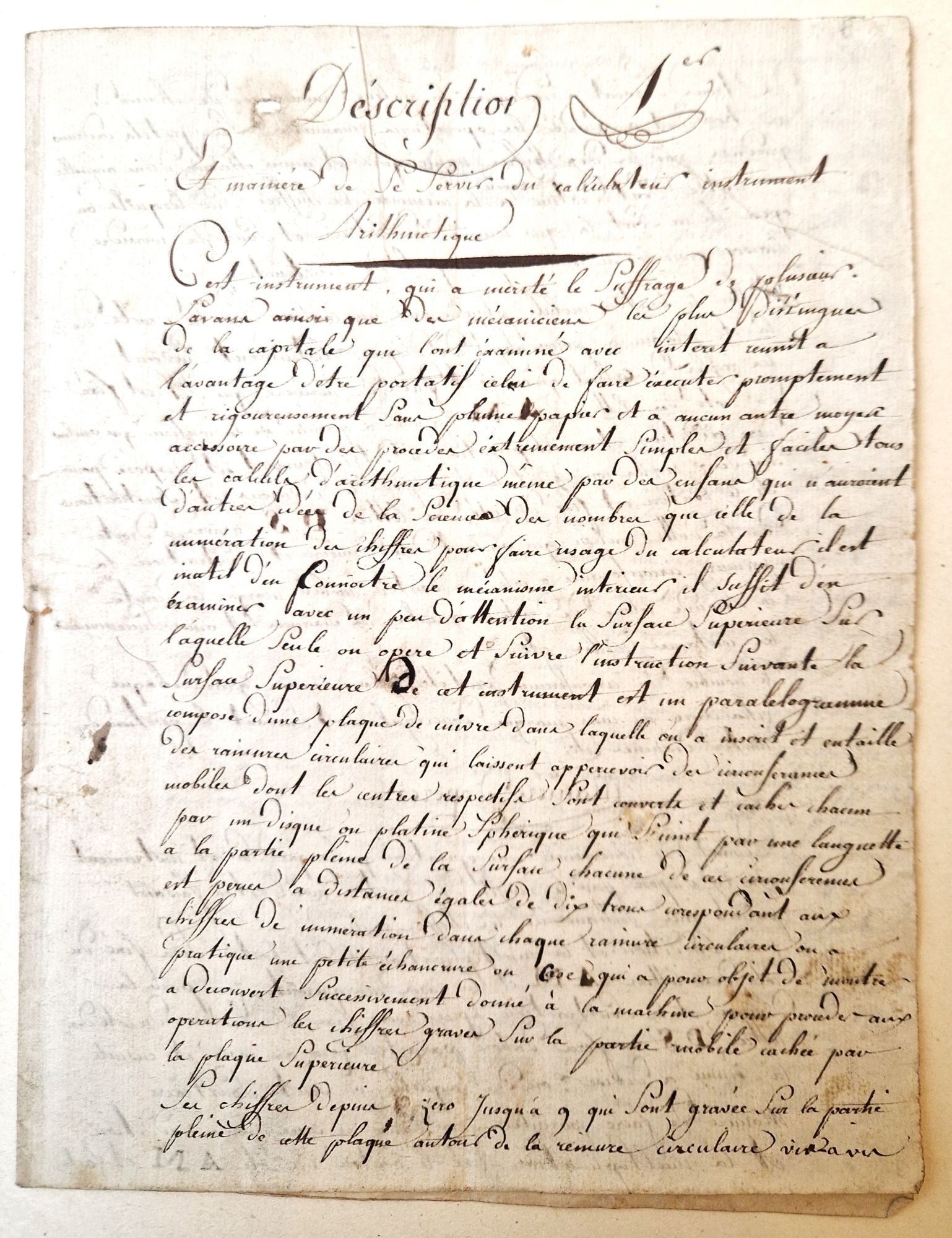 Manuscript description of the first French calculating machine from the 19th now lost – circa 1800-1806