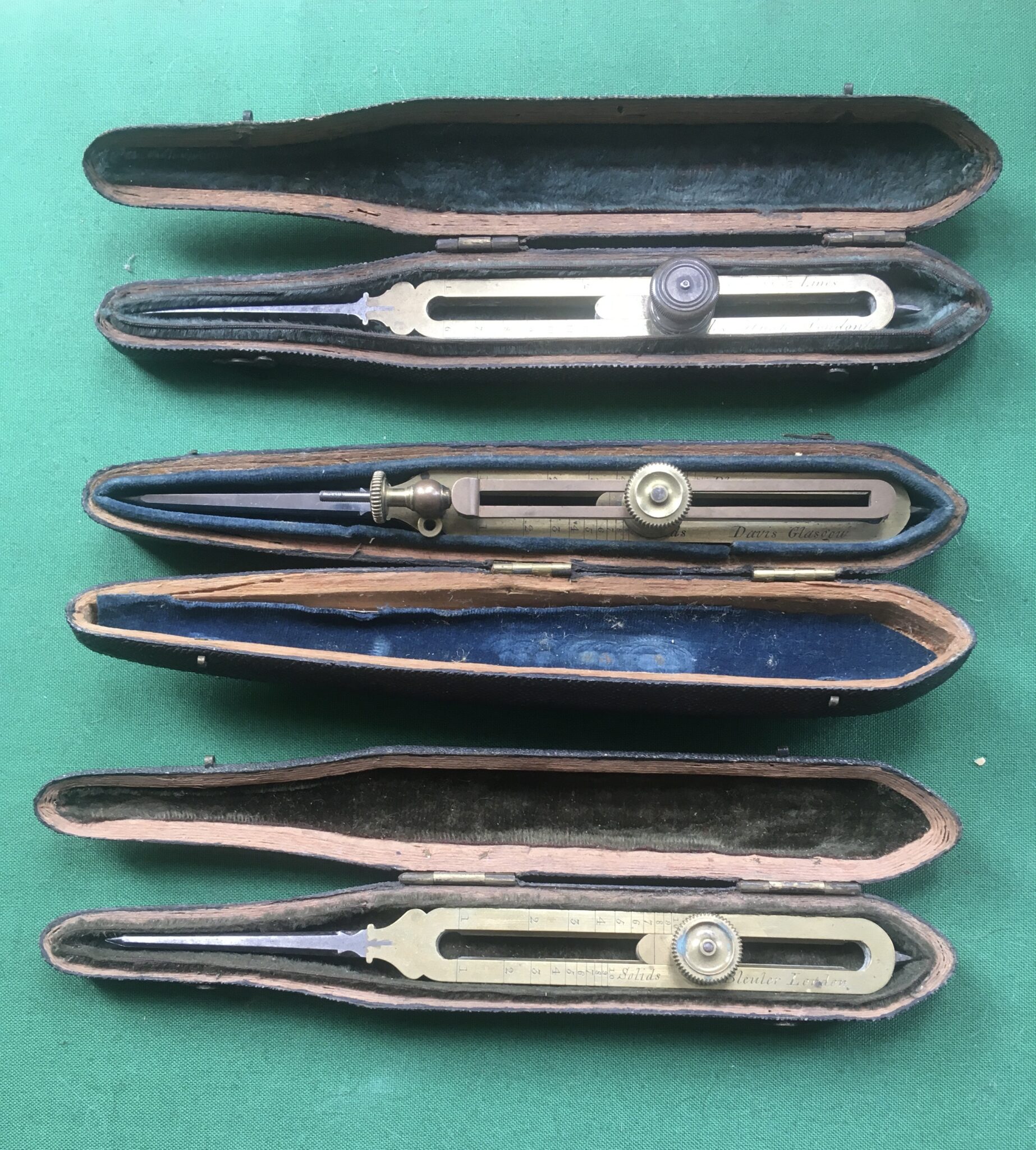 Three proportional Dividers in Original Fishskin Cases