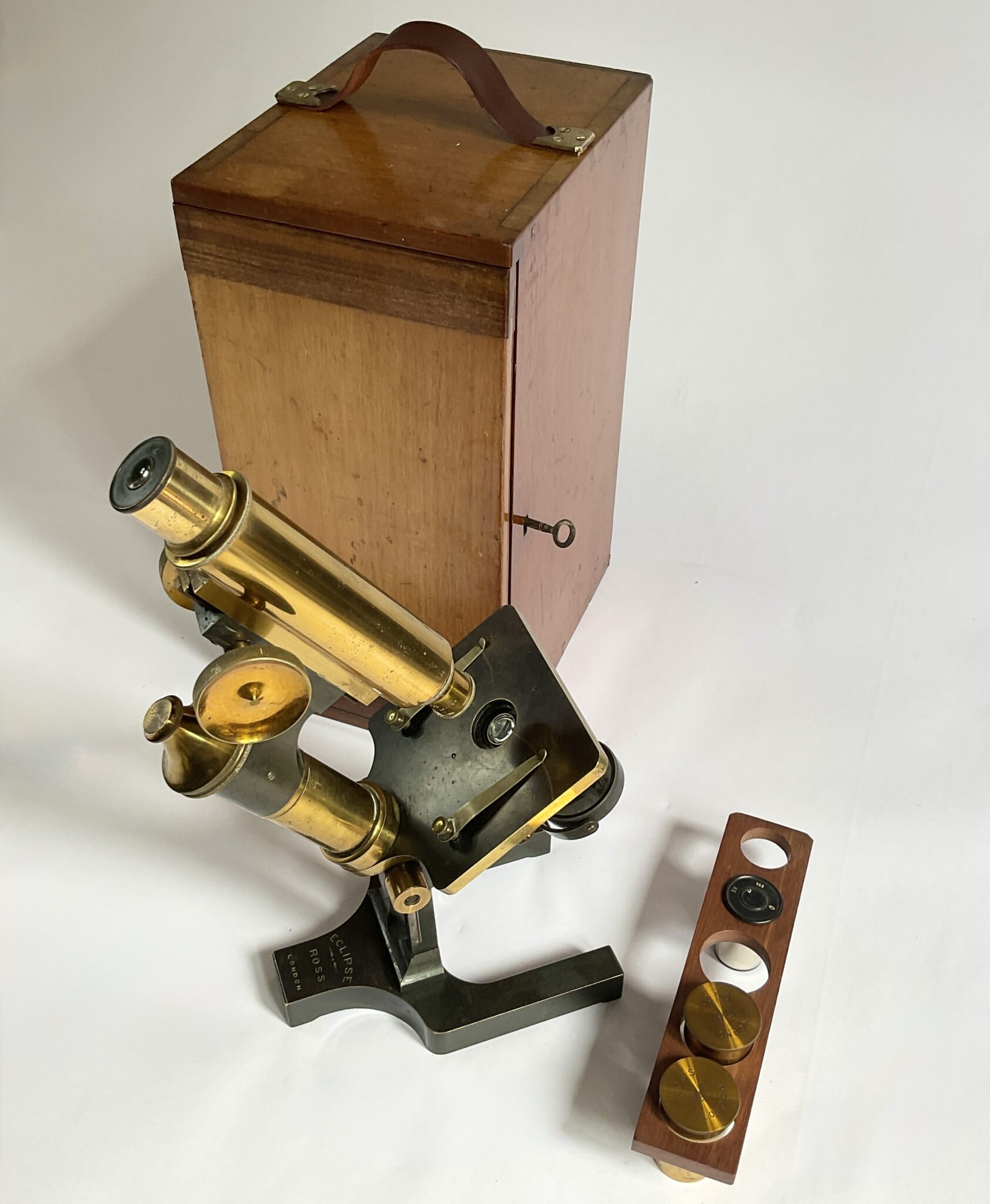 Antique Ross microscope with case and accessories, 1887.